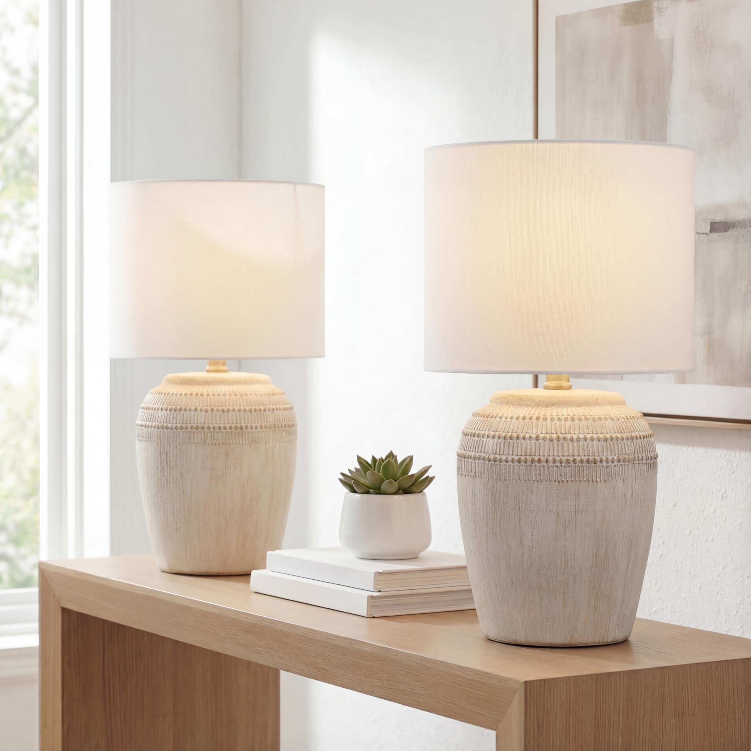 JONATHAN Y 16.75 Antique White/Nickel Ceramic Table Lamp Set of 2, Rustic Traditional Reeded Vase Lamps with White Linen Shade f