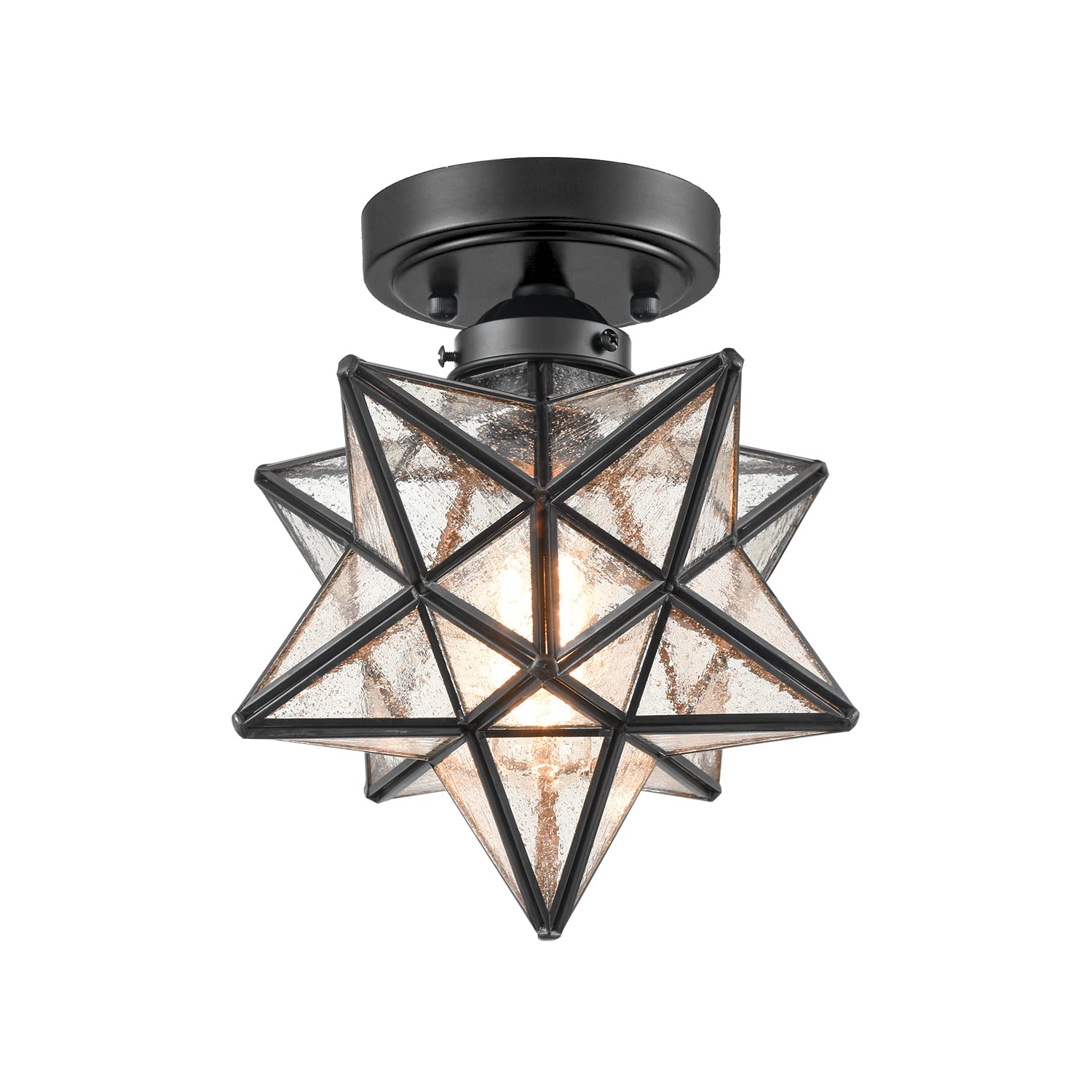 Axiland Moravian Star Light Flush Mount Ceiling Light Black With Seeded Glass Shade For Living Room Bedroom Kitchen Hallway