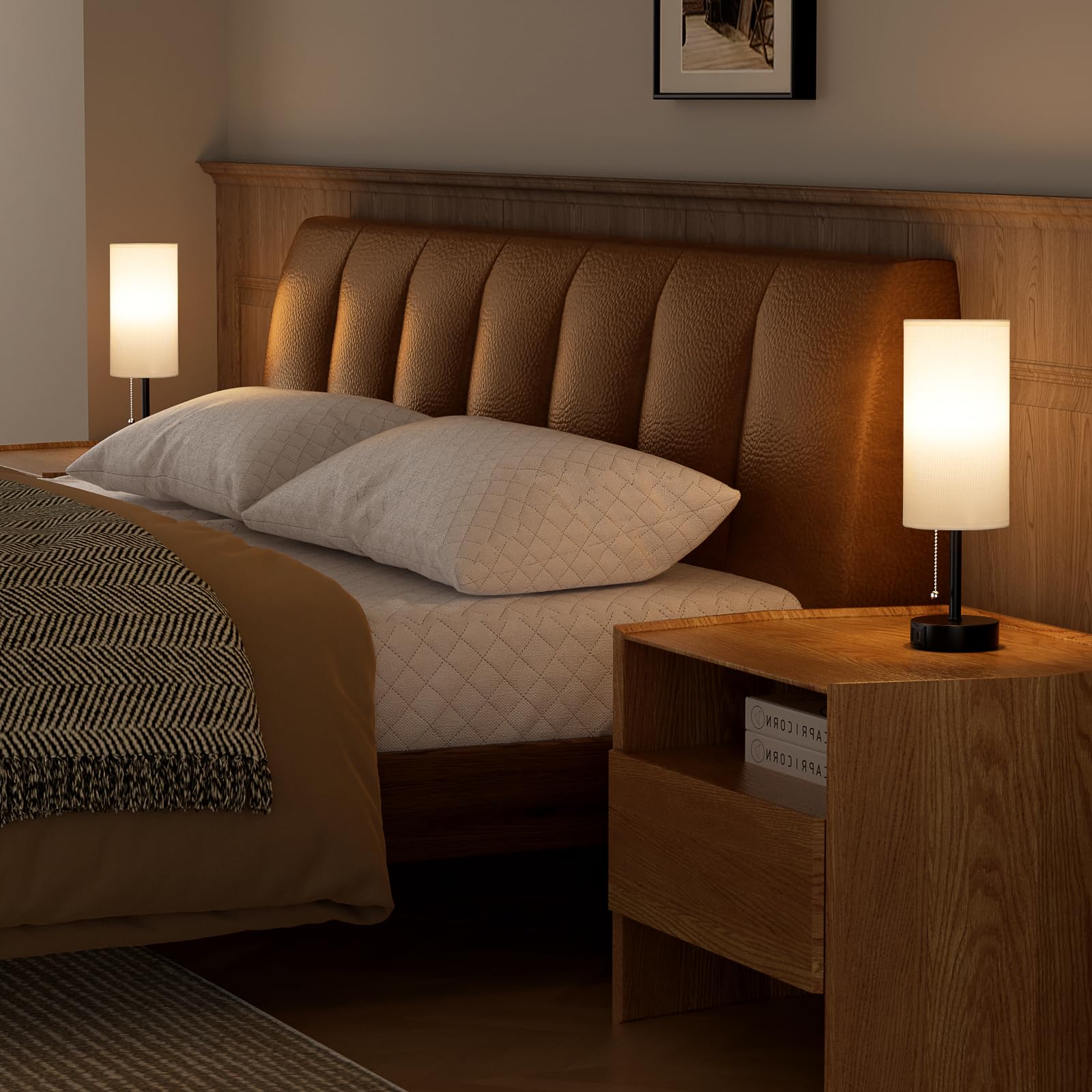 White Bedside Lamps For Bedroom Set Of 2 - Nightstand Table Lamp With Usb A + C Charging Port, 3 Color Temperatures Pull Chain N