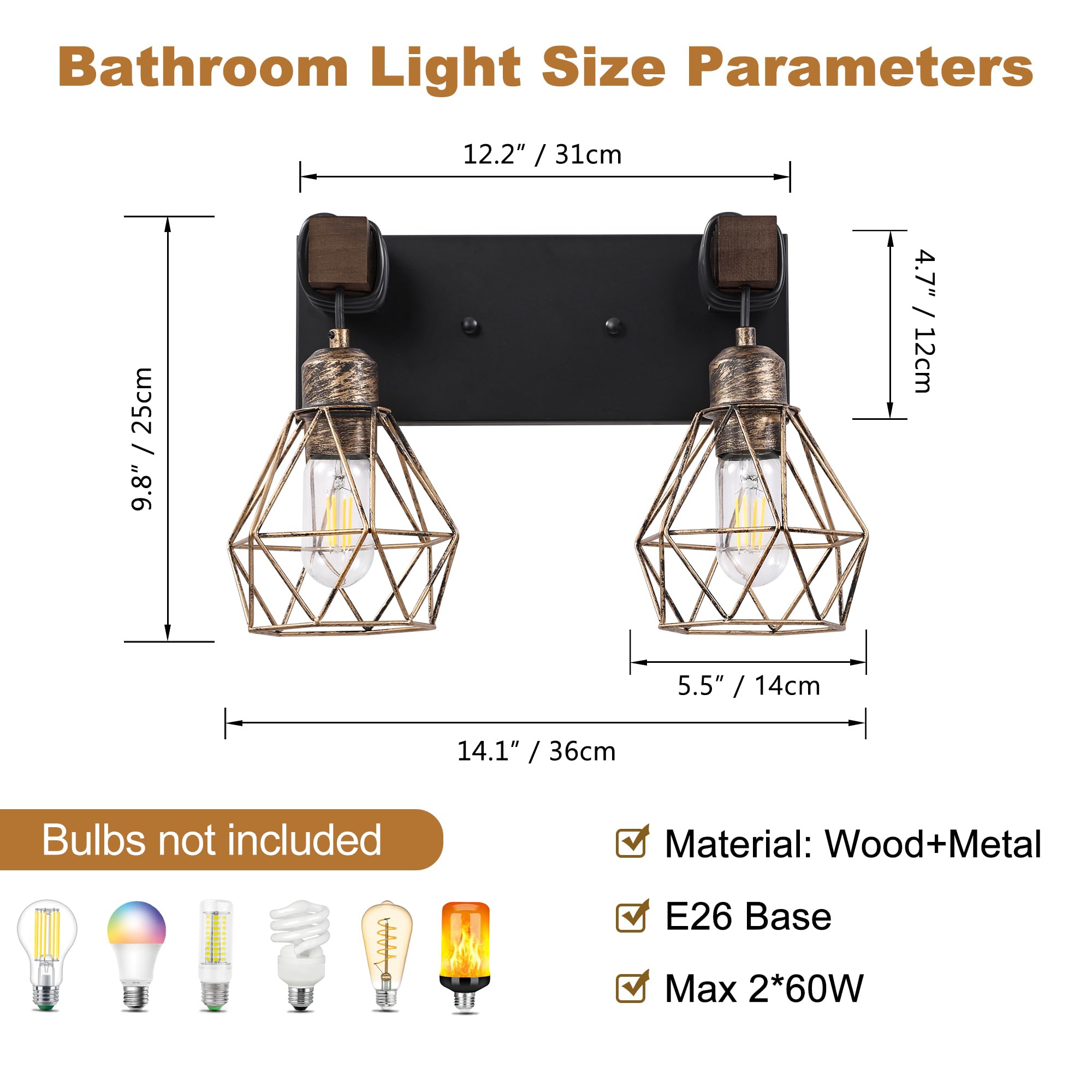 Farmhouse Bathroom Vanity Light Fixtures  2-Light Wood Bathroom Light Fixtures Over Mirror  Rustic Sconces Wall Lighting With Elegant Metal Lampshade For Living Room  Bedroom  Hallway