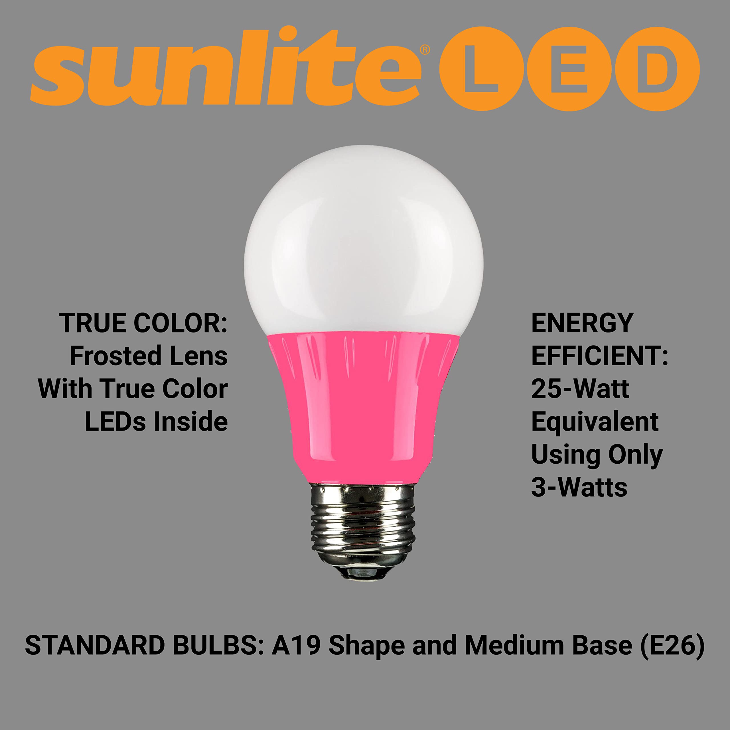 Sunlite A19/3W/P/Led/3Pk Led Colored A19 3W Pink Light Bulbs Medium (E26) Base (3 Pack)
