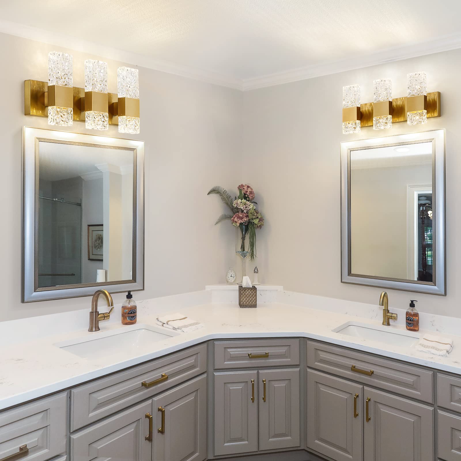 Epinl Gold Bathroom Vanity Light Fixtures Bathroom Light Fixtures Over Mirror 3-Light 4000K Led Crystal Wall Sconces Modern 30W Brushed Hardwired Wall Lights For Bathroom Bedroom Living Room