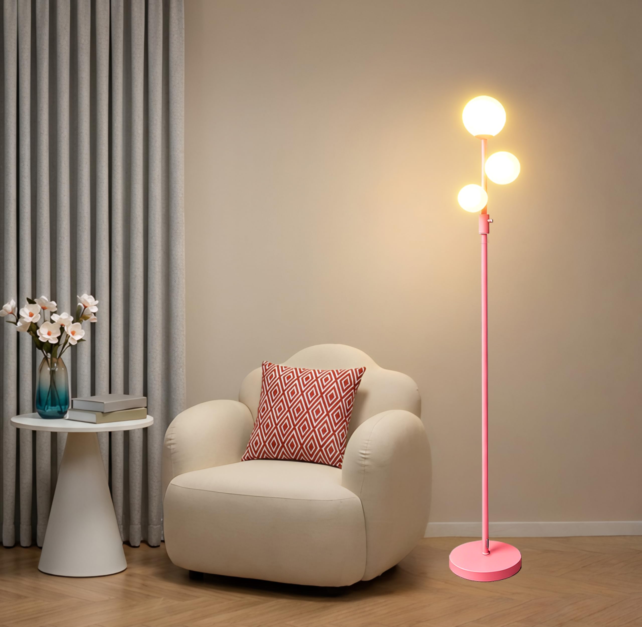 Fiqevs Modern Pink Globe Floor Lamp with Frosted Glass Shade and LED Bulbs, Dimmable Elegant Standing Lamp with Foot Pedal, Tall