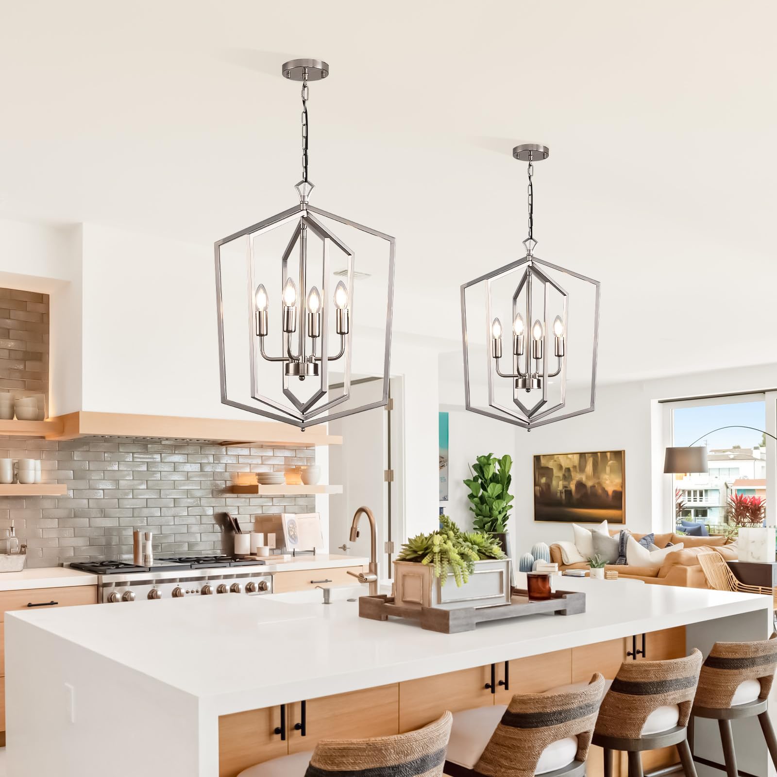 4-Light Lantern Pendant Light Chrome Modern Hanging Pendant Light Fixtures, 18.1'' With Adjustable Chain Metal Cage Dimmable Geo