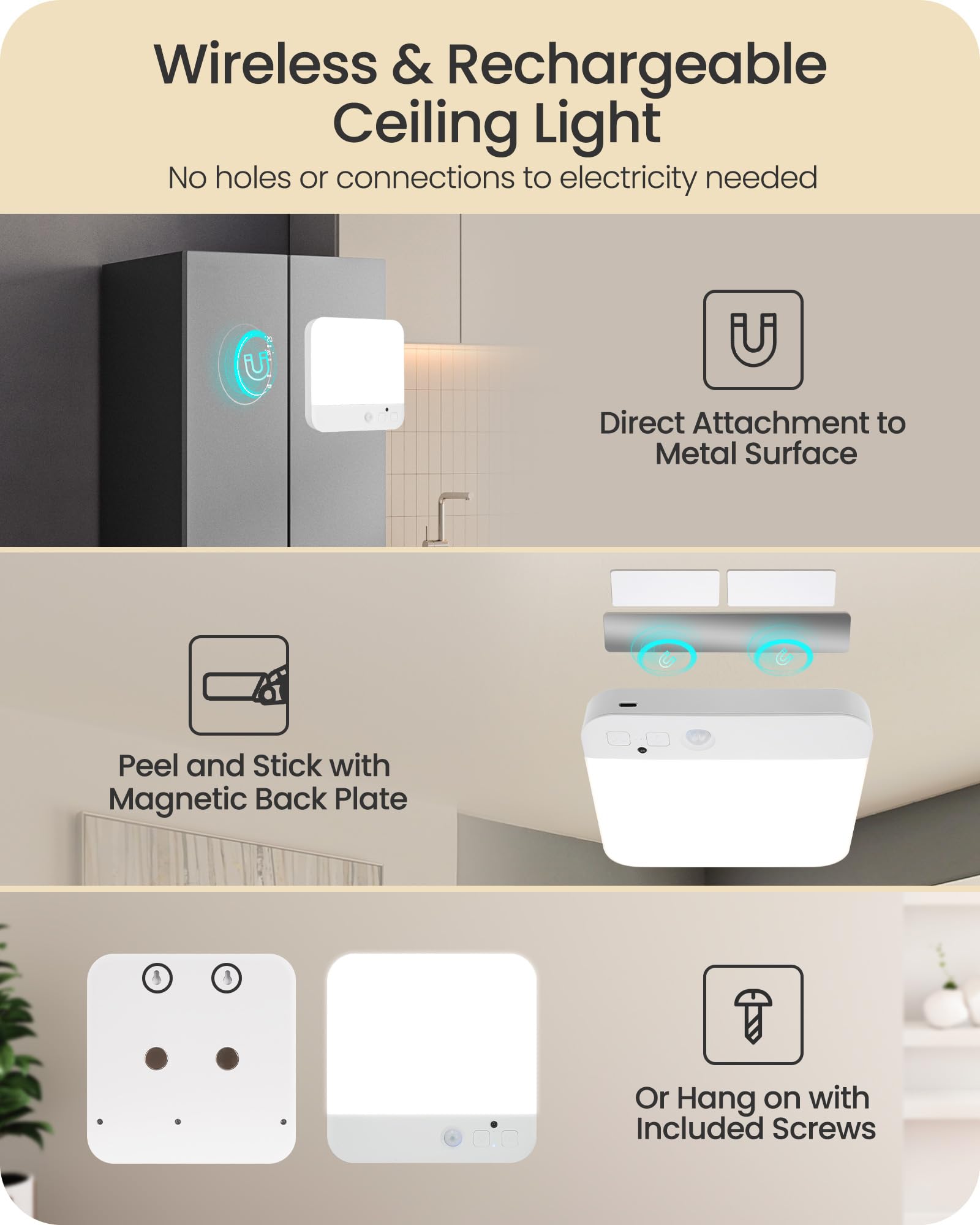 Rechargeable Motion Sensor Ceiling Light Wireless, Battery Operated Ceiling Light With Remote, No Wiring, Magnetic, 3 Colors, Di