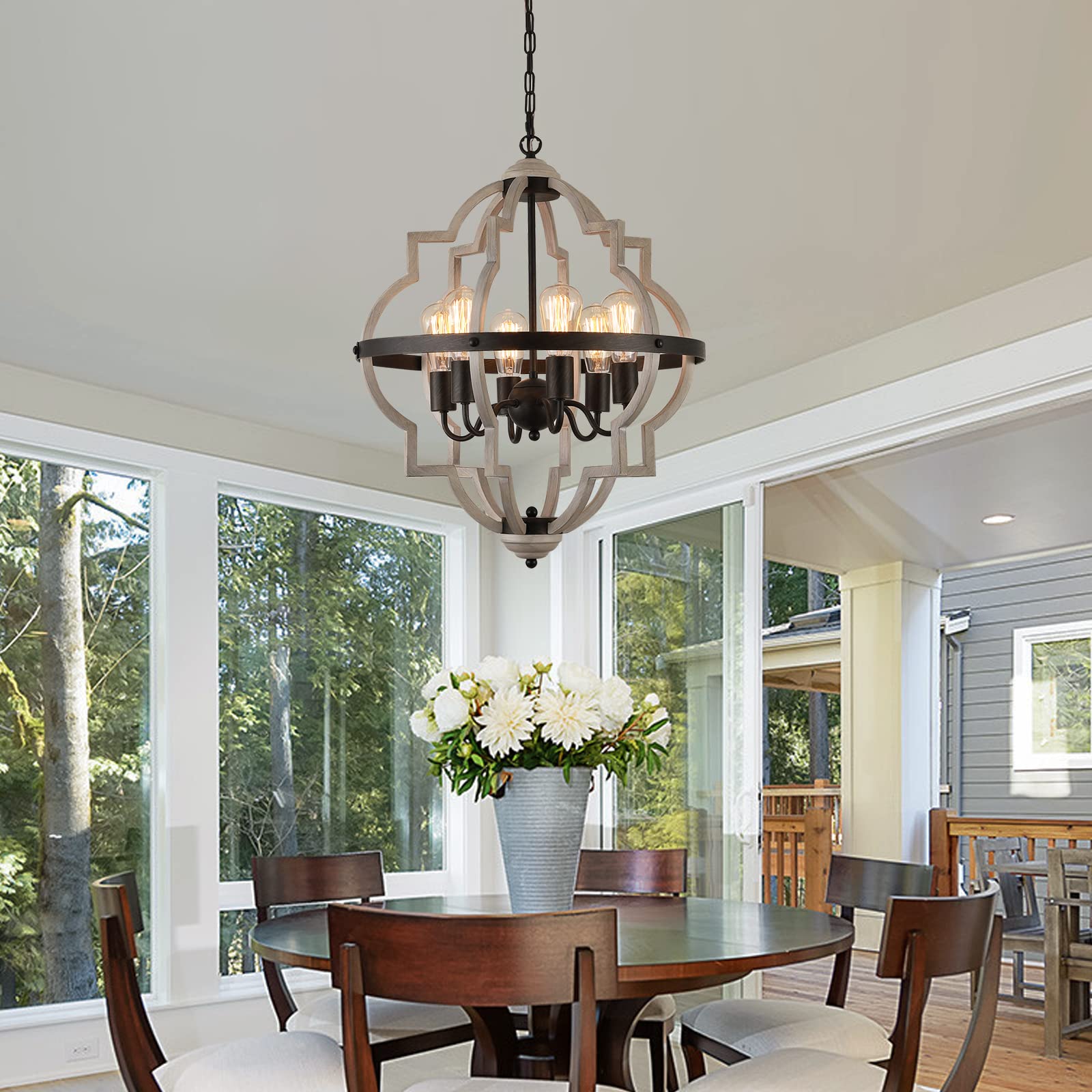 MEIXISUE 6-Light Rustic Chandelier, Oak Finish, Vintage Antique Pendant Light Fixture for Kitchen, Dining Room, Entryway, Model P2132-6