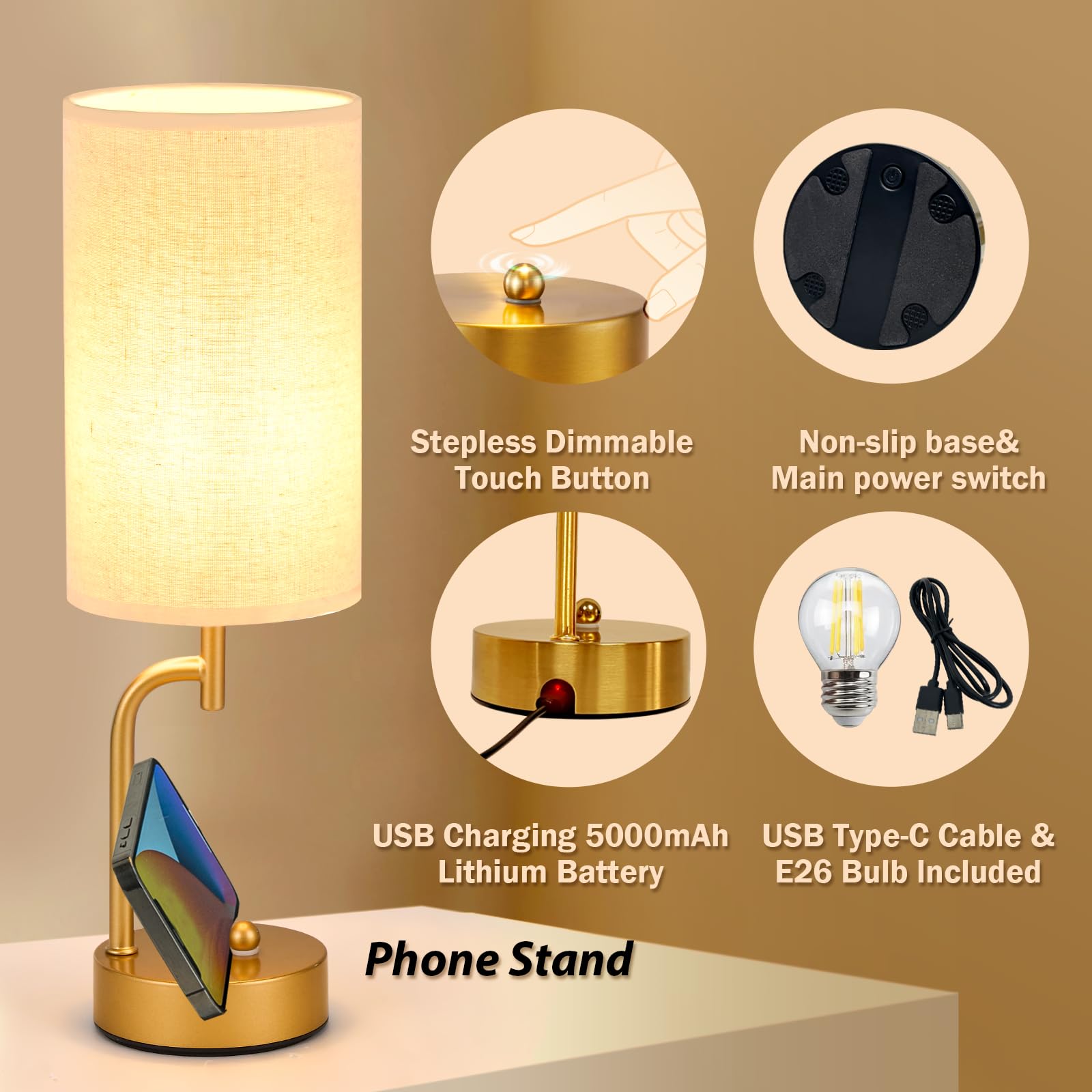 Dreamholder 2 Pack Cordless Bedside Table Lamp, 5000mAh Rechargeable Battery Operated Touch Desk Lamp, 3 Way&Stepless Dimmable P