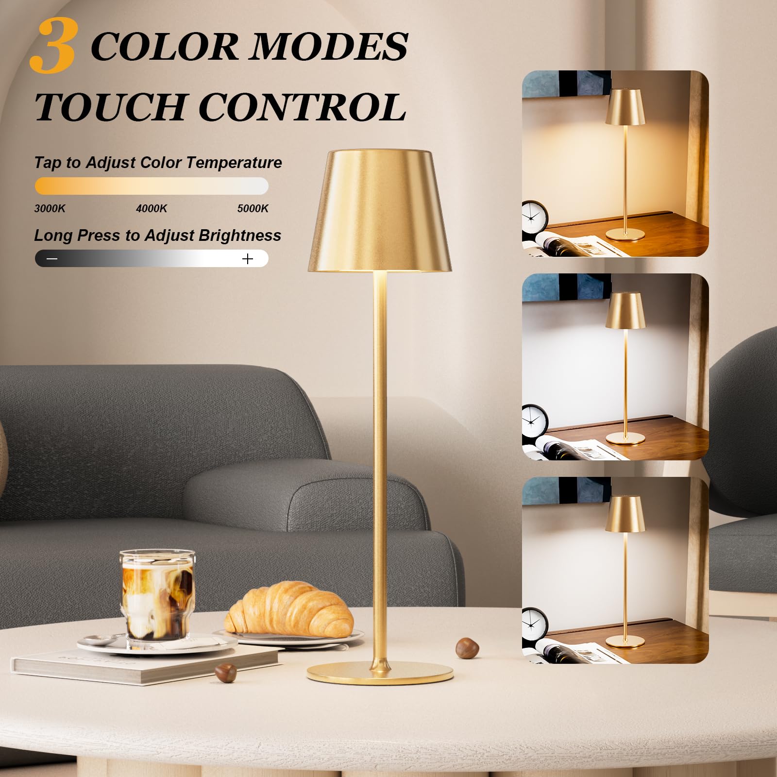 Kakanuo Cordless Table Lamp - 2 Pack Gold, 5000mAH Battery, Waterproof LED, Touch Control, 3 Color Dimming, Circle Shade