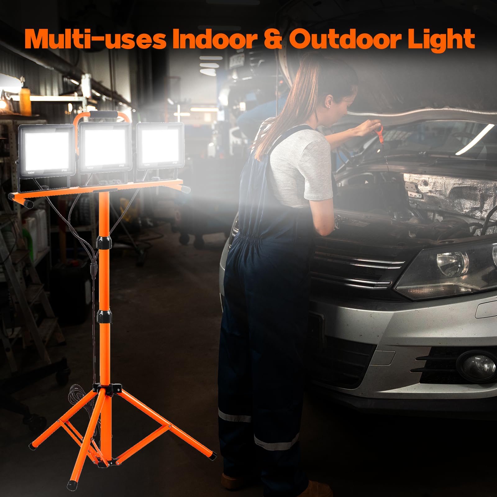HOHOMETIC 21000 Lumen LED Work Light with 3 Adjustable Heads, Waterproof, Stainless Steel, Orange, Model WLWS-01