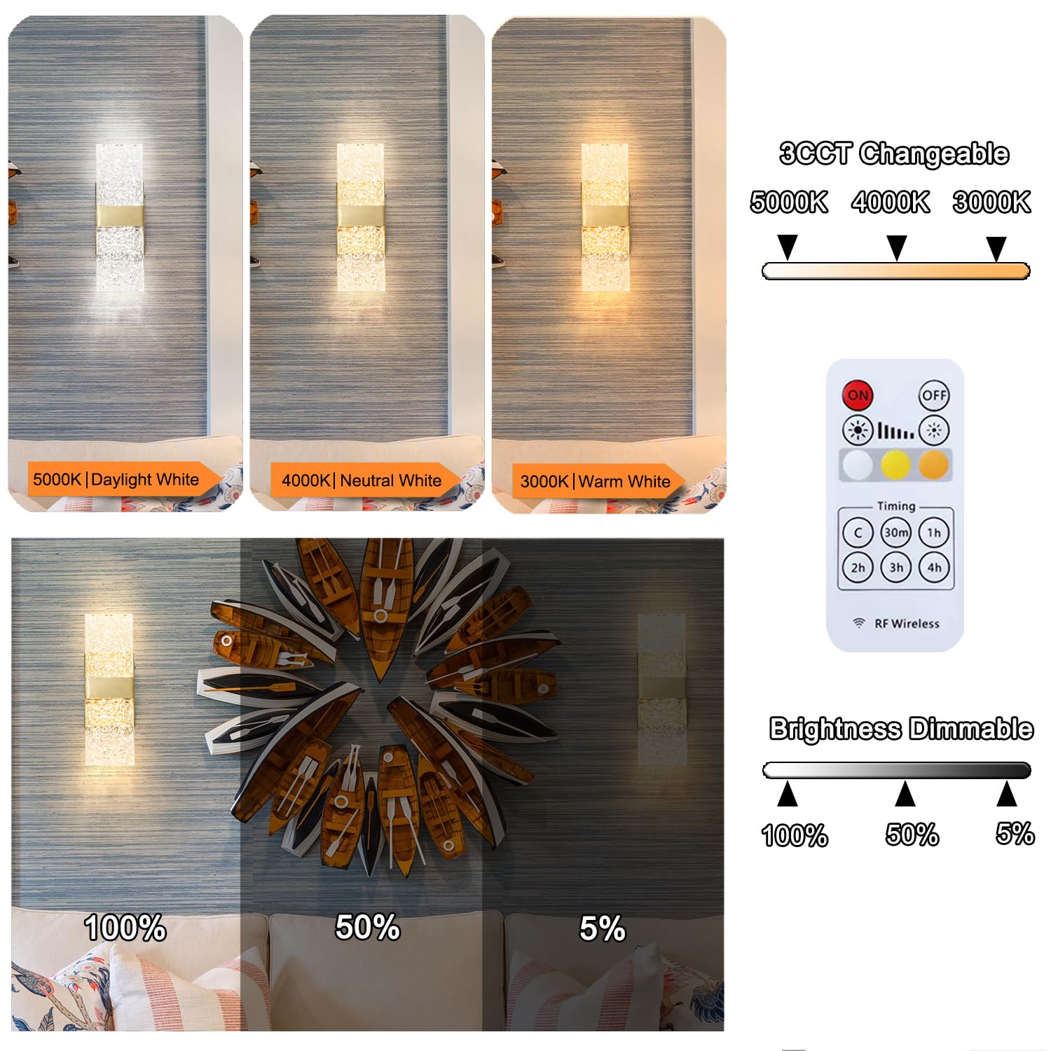 Ditoon Modern Brushed Brass Wall Sconce Set of Two, LED Crystal Lighting, 11.81" Gold Metal for Bedroom & Dining Room