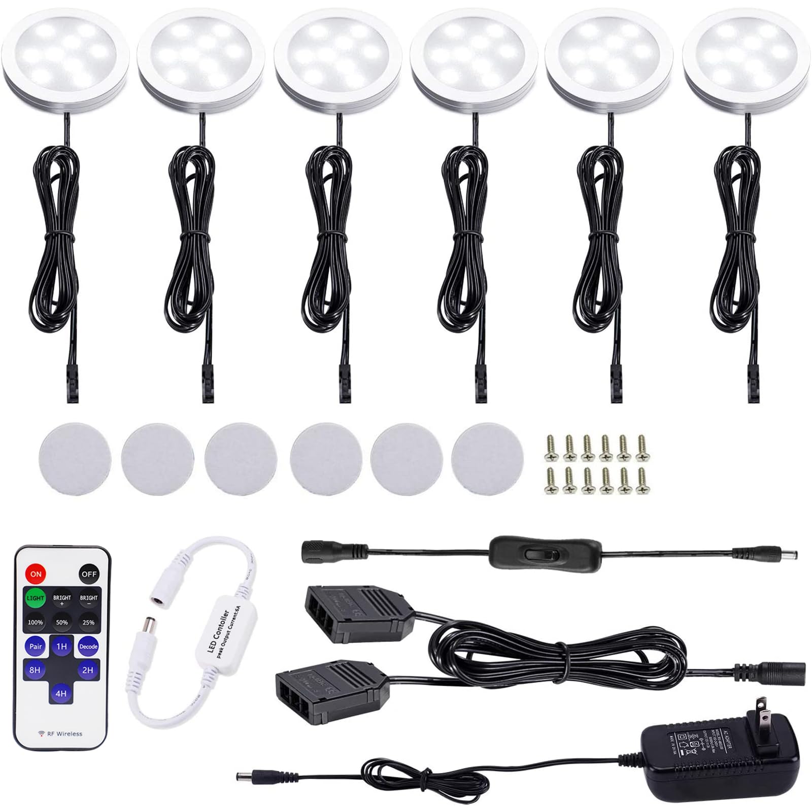 AIBOO 12V LED Under Cabinet Lights Kit 6 Pack Black Cord Aluminum Puck Lights for Kitchen Counter Closet Lighting with Wireless 