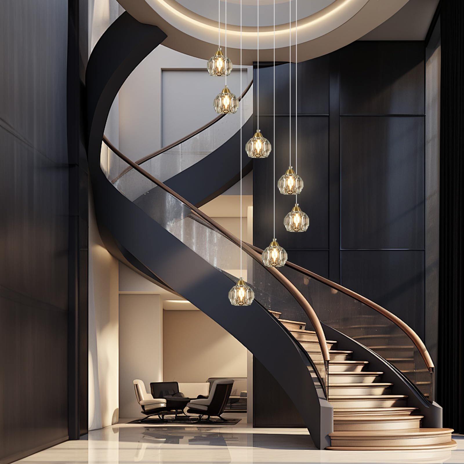 Weesalife 7-Light Crystal Chandelier, Brass Modern Pendant Light Fixture for High Ceilings, Model A8817
