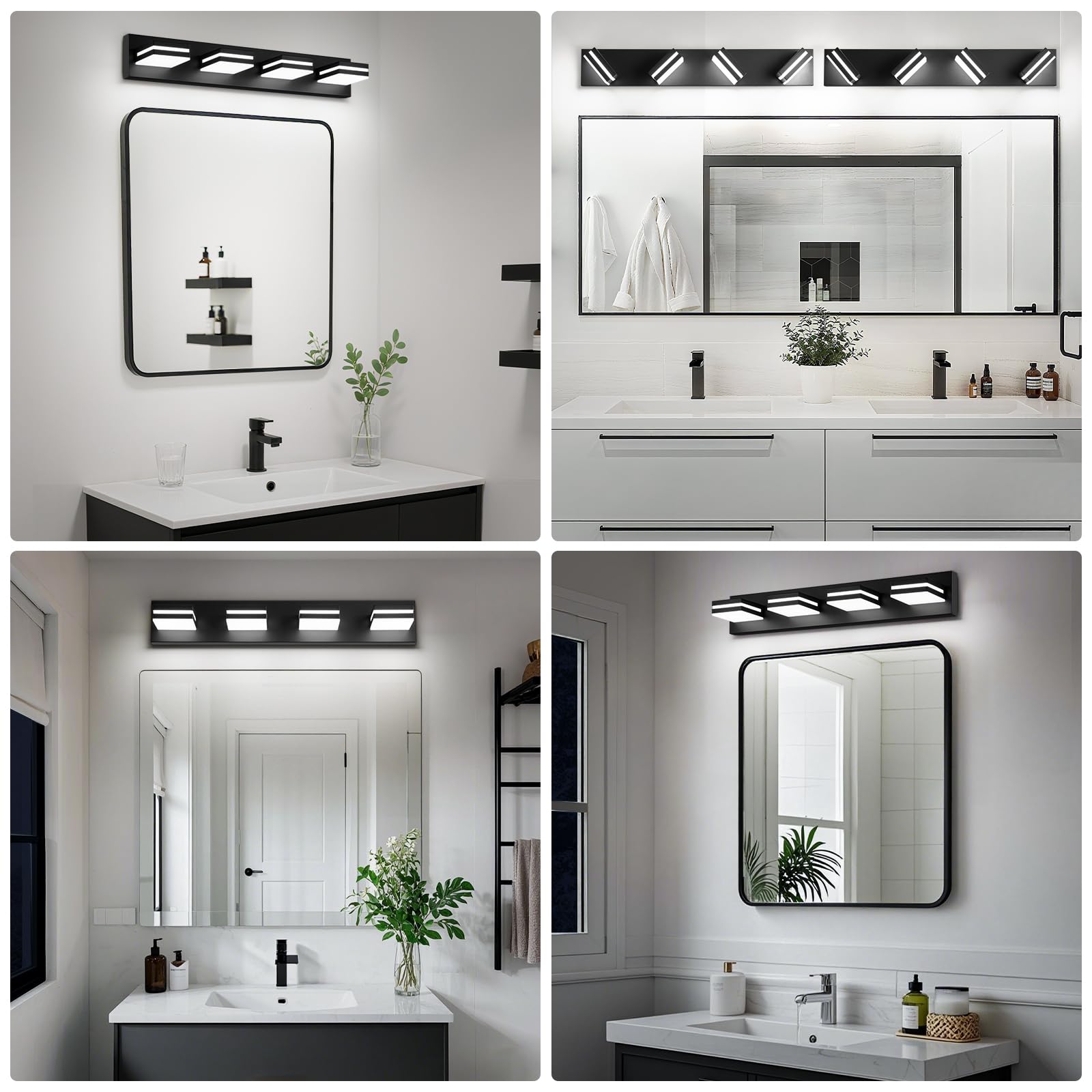 Jzekvn Modern Led Bathroom Lights Fixtures(4-Light) Metal Black Acrylic Wall Lighting Vanity Lights For Bathroom Over Mirror(6000K 27In