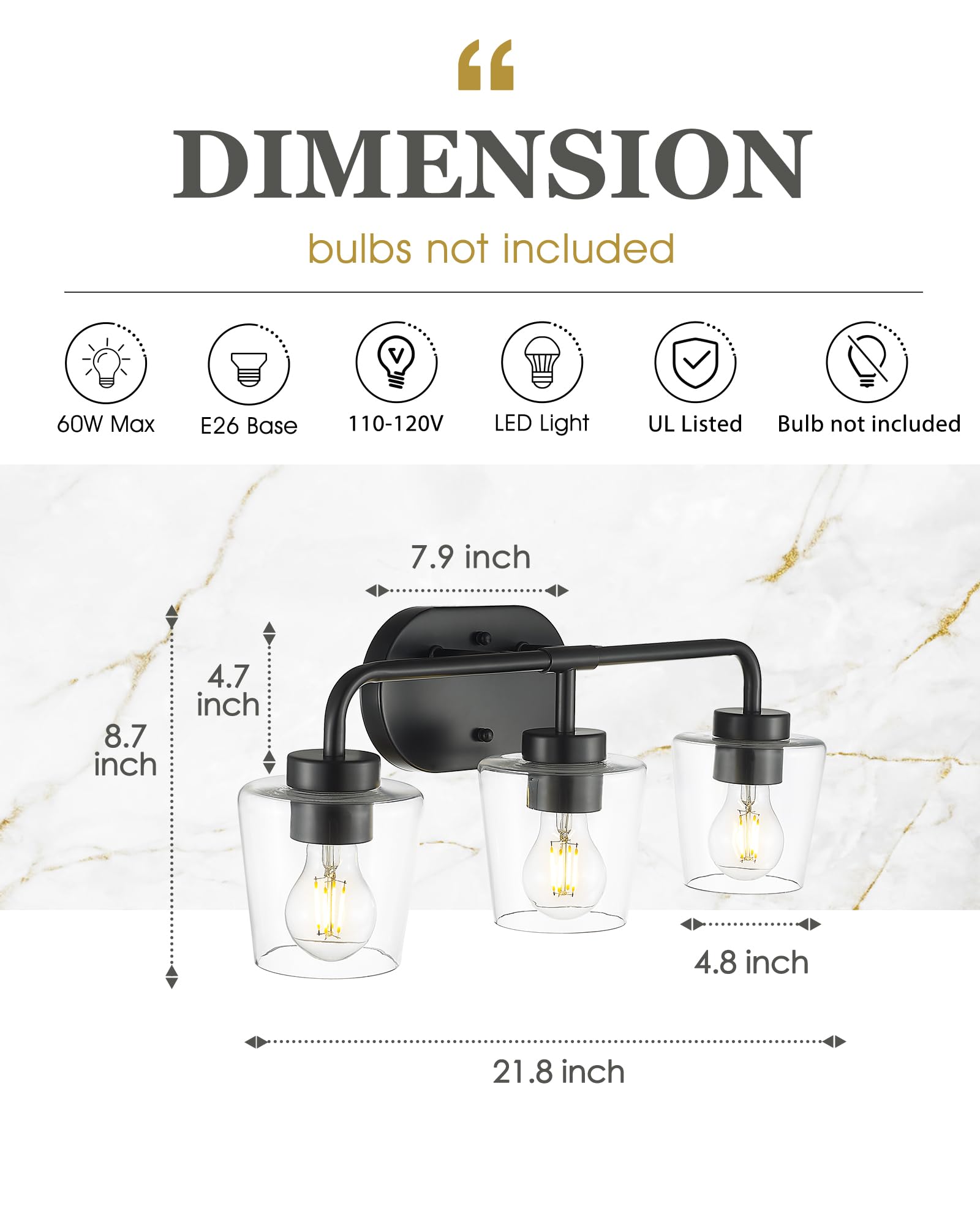 Audickic 3-Light Matte Black Bathroom Vanity Light Fixtures with Clear Glass, Model AD-22004-3W-BK-C