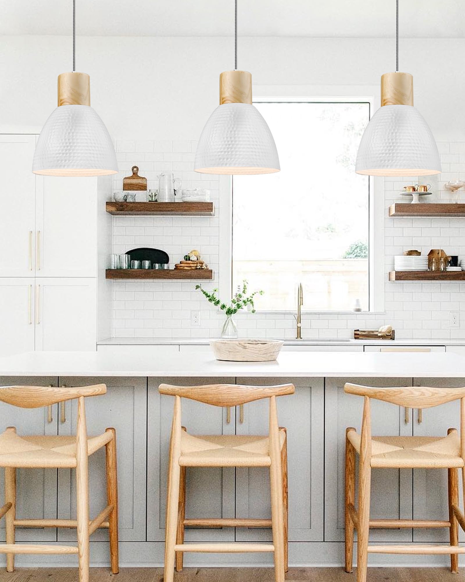 Elyona 10.2    Hammered Pendant Light Fixtures, Metal & Rubber Wood Island Hanging Lamp, Adjustable Height, Modern Pendant Light