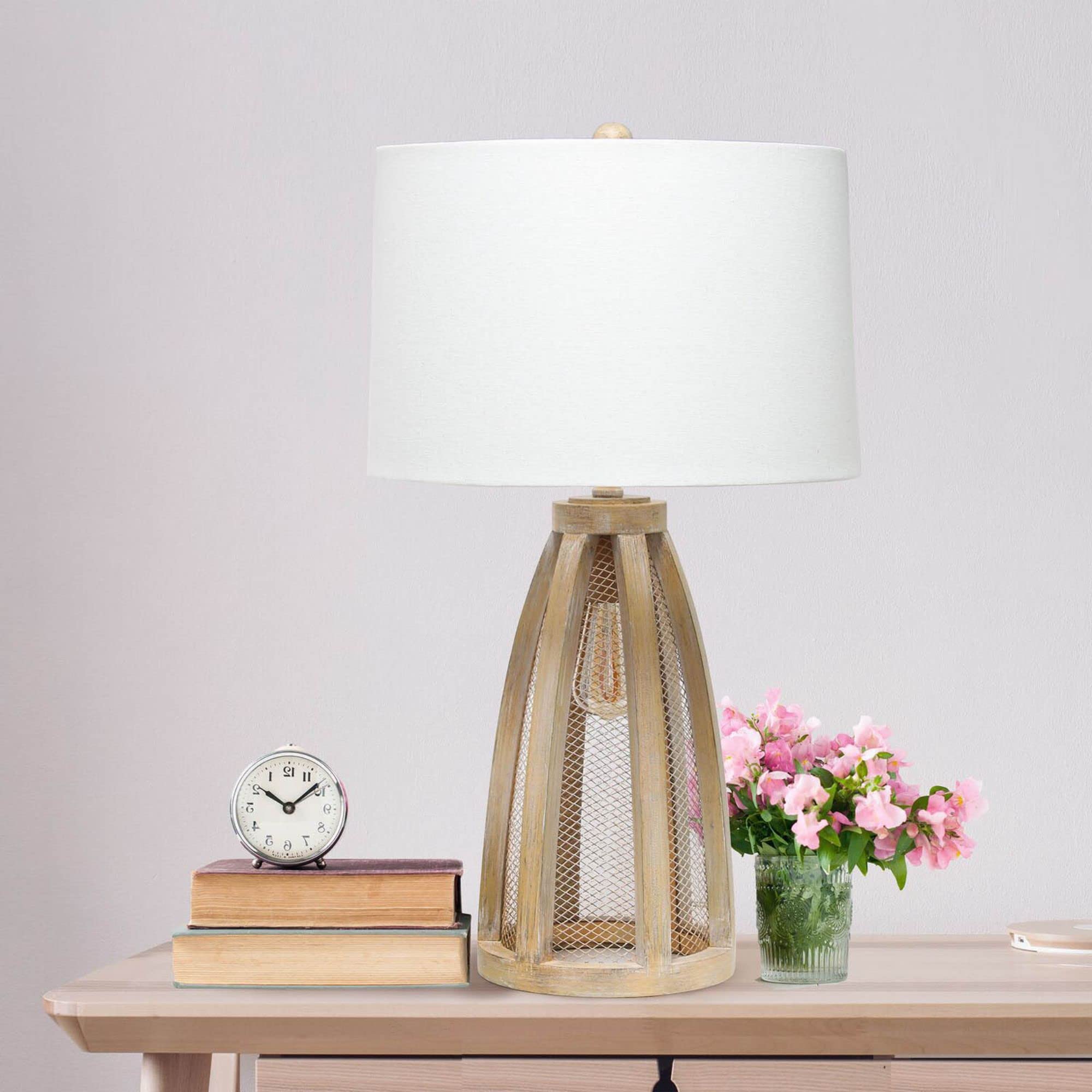 LALIA HOME Wood Arch Farmhouse Table Lamp, Natural Wood, White Shade, Model LHT-5037-NW