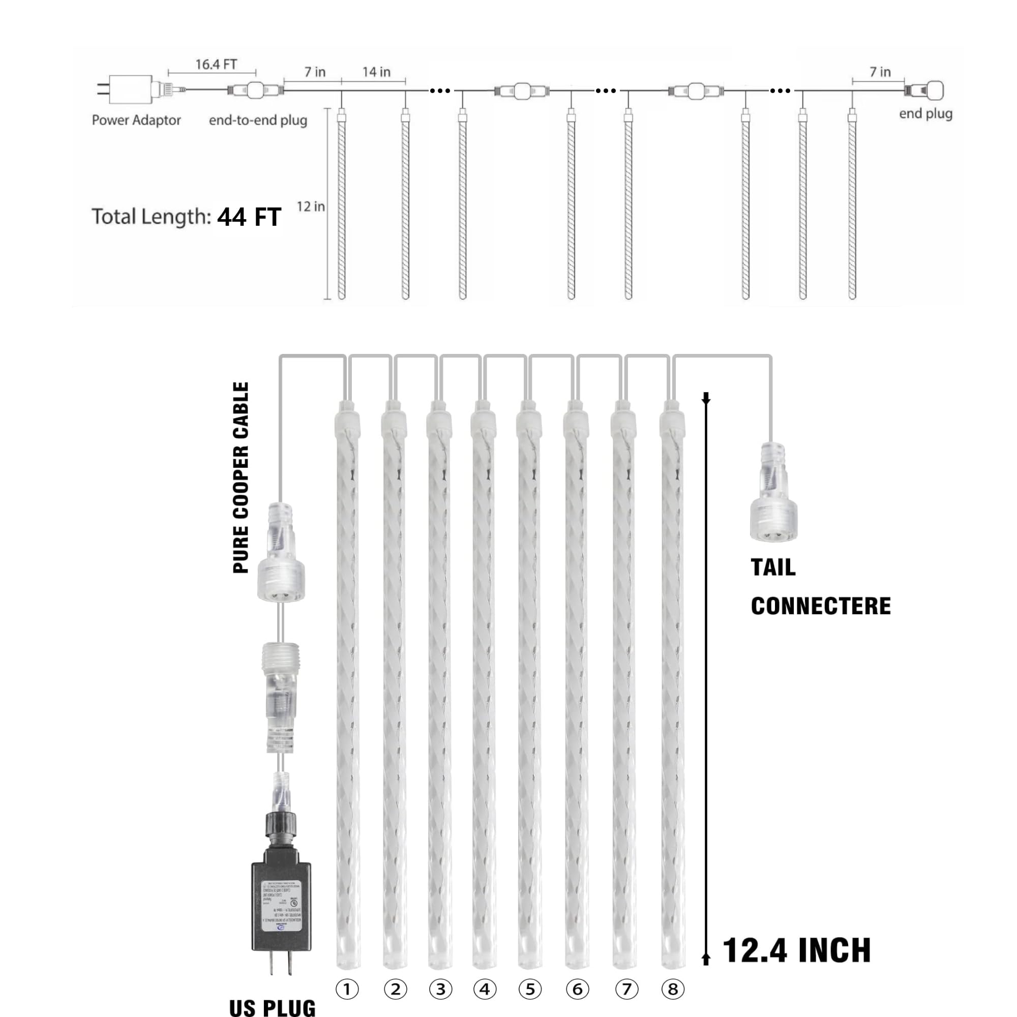 TW SHINE Meteor Shower Lights, 864 LED, 12in Waterproof, 24 Tubes, Warm White
