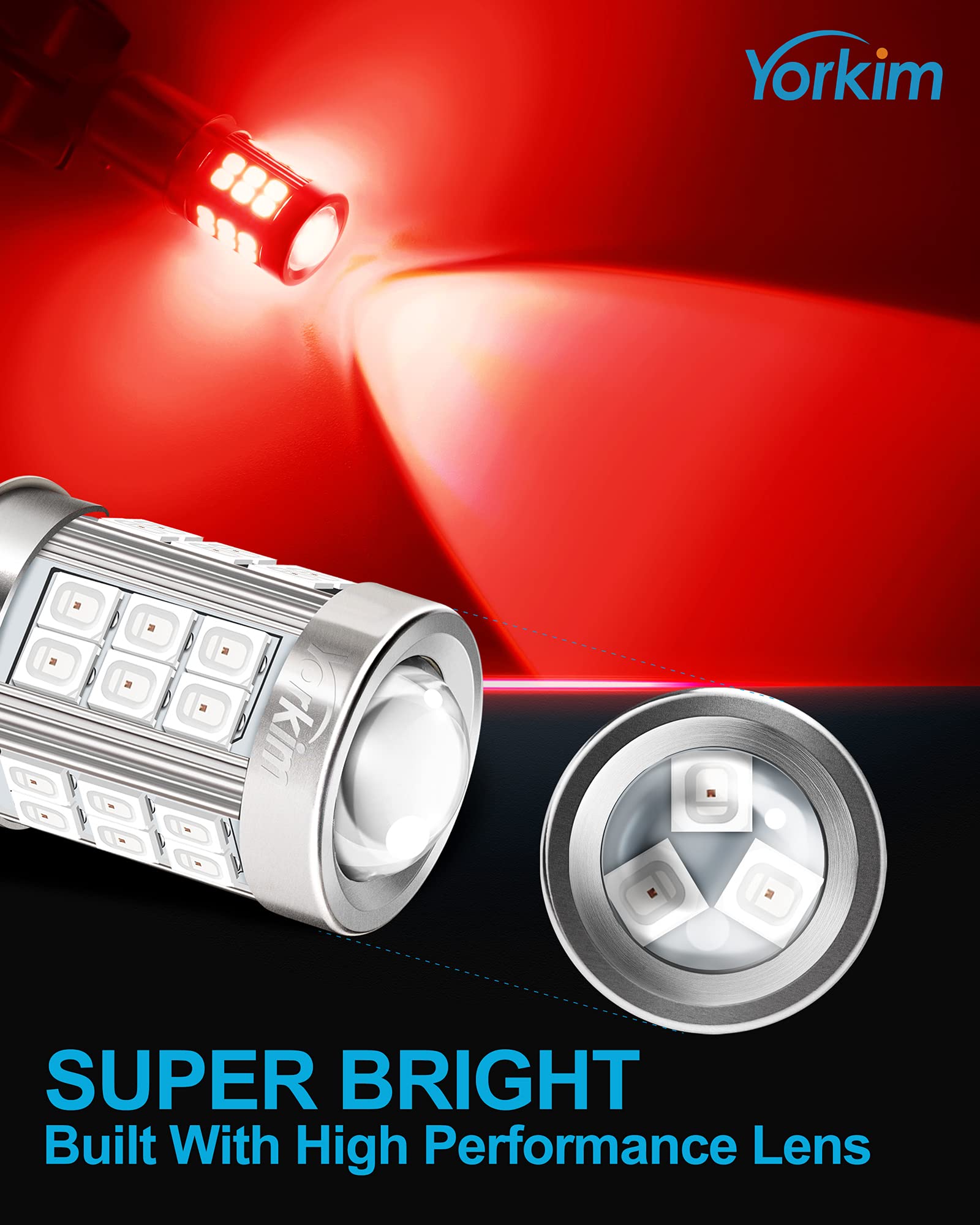 Yorkim 1157 LED Brake Light Bulbs, Red, Pack of 2, 1157 Size, BAY15D Replacement for Stop and Tail Lights