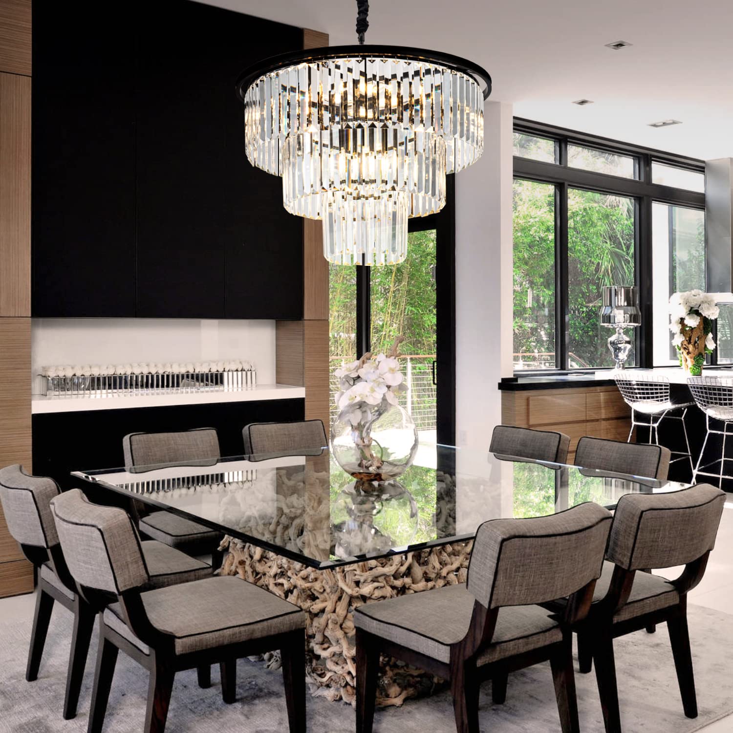Brfaixla 12 Lights 23.64 Black Modern Crystal Chandelier Crystal Pendant Ceiling Light Fixture 3-Tier Hanging Lighting For Dinning Room Bedroom Living Room Foyer