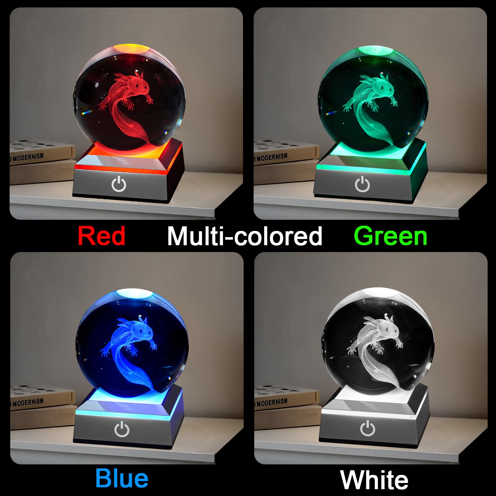 Eicxjui 3D Axolotl Crystal Night Light, Multicolor LED Base, Glass Figurine for Boys, Girls, Lovers - Axolotl-1