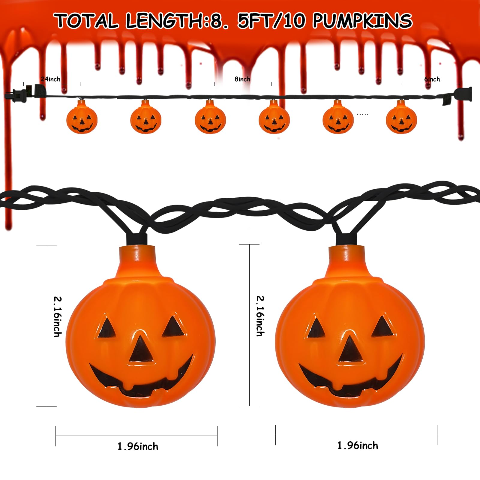 Doratale Halloween Pumpkin String Lights, 8.5FT, Orange, 10 Lights, Plug-in, UL Listed