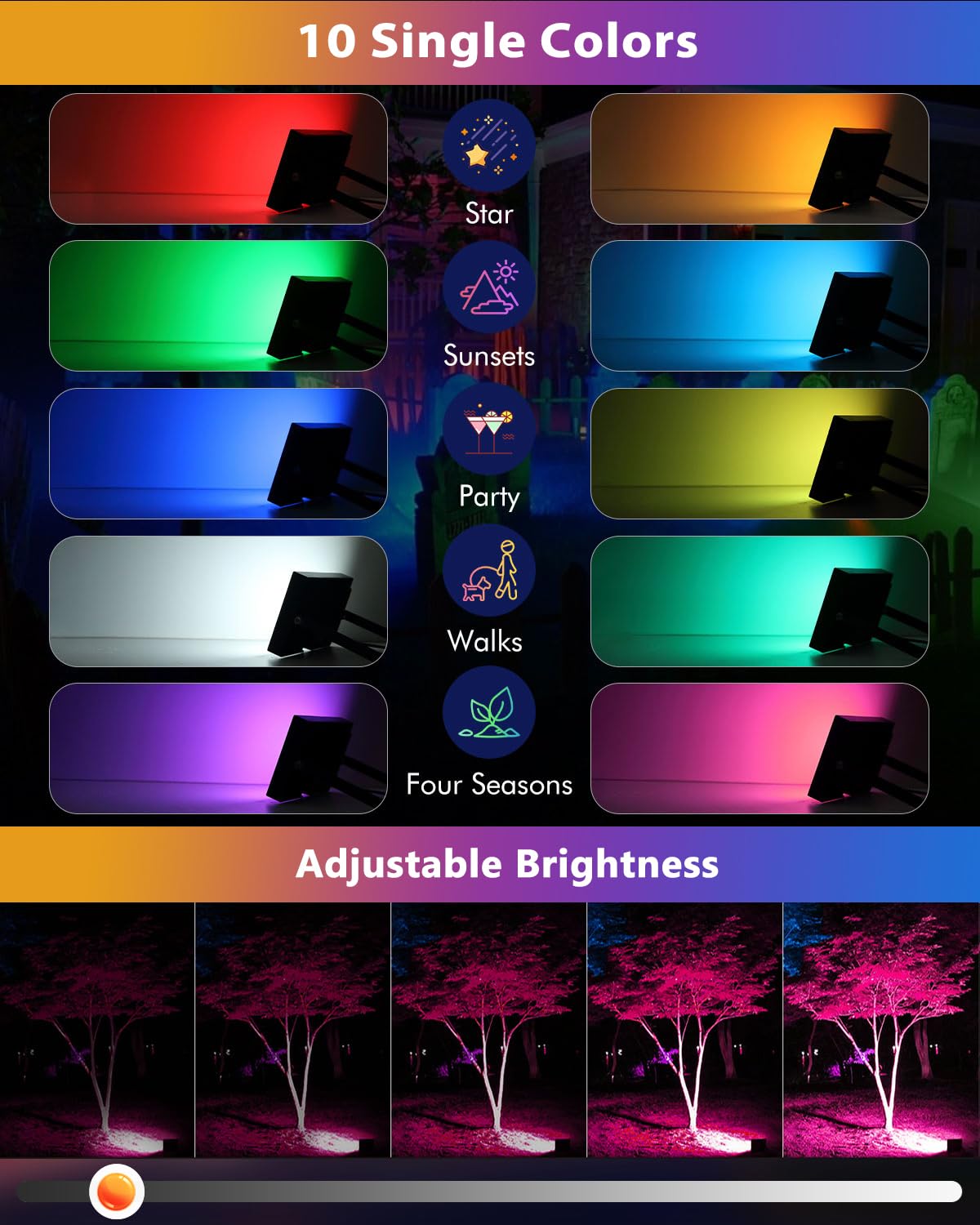 MEIKEE RGB Flood Lights - 150W Dimmable IP66 Waterproof Stage Lighting, 2-Pack, Color-Changing for Outdoor Christmas Halloween Parties