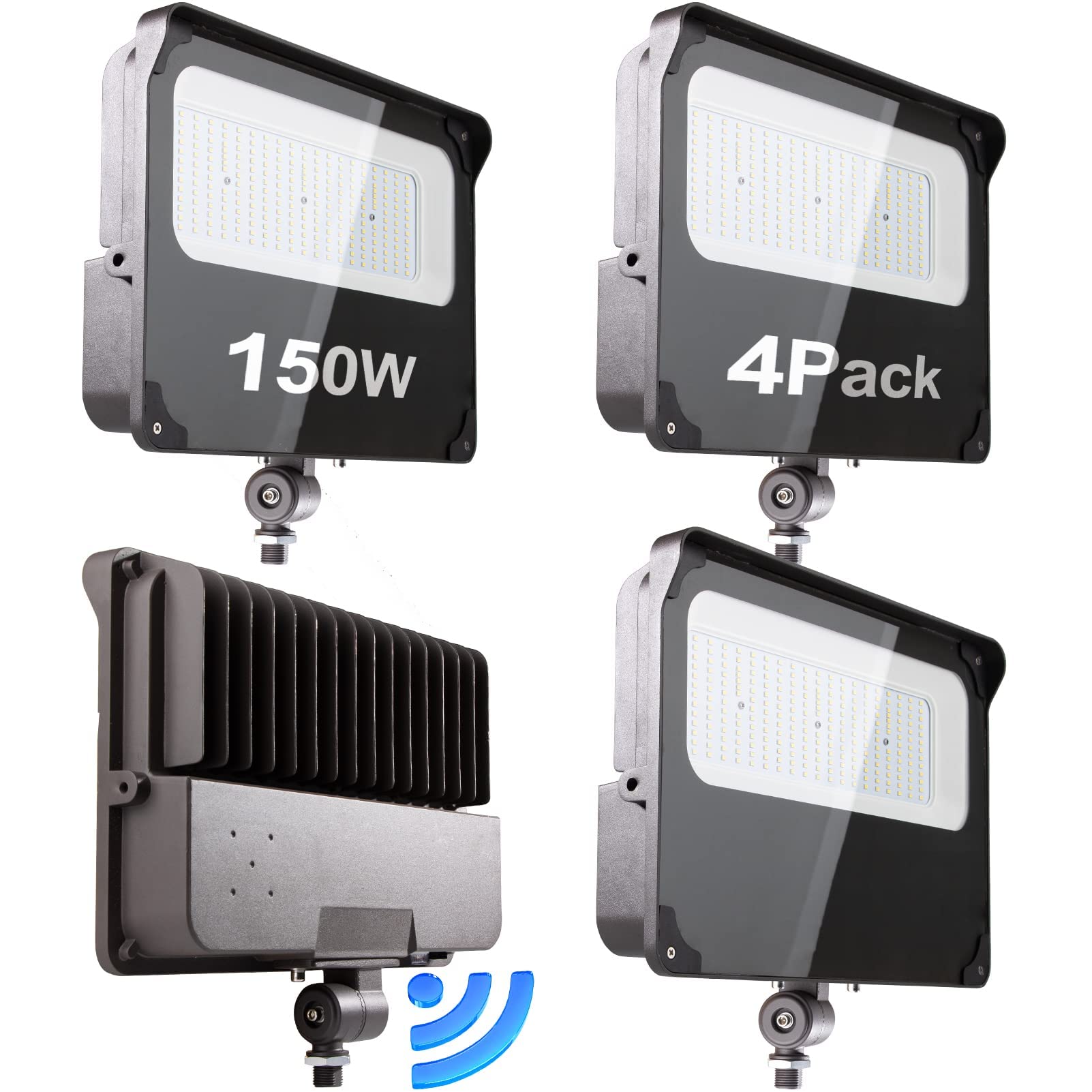 Lightdot 4Pack 150W Led Flood Lights Outdoor With Knuckle, 100-277V?Driver Equipped, 5 Years? Ip65 Waterproof 21000Lm, 5000K Daylight [Eqv.To 600Hps/Wh] Dusk To Dawn Photocell Sensor-Brown