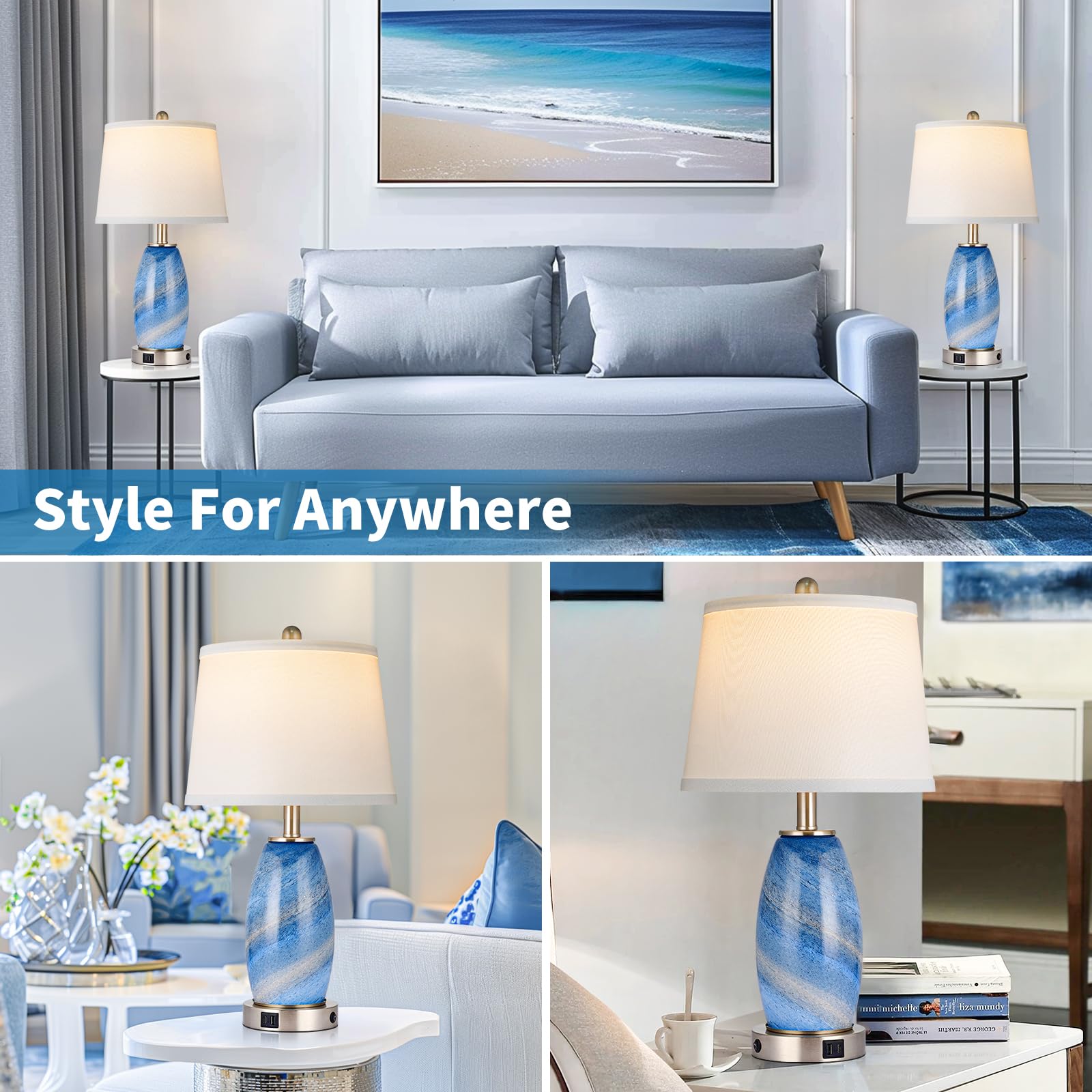 Blue Lamp For Bedroom & Bedside With 3-Way Lighting Modes & Usb C+A - Modern Style Glass Nightstand Table Lamp For Living Room & Bedroom Decoration (23.5 H)