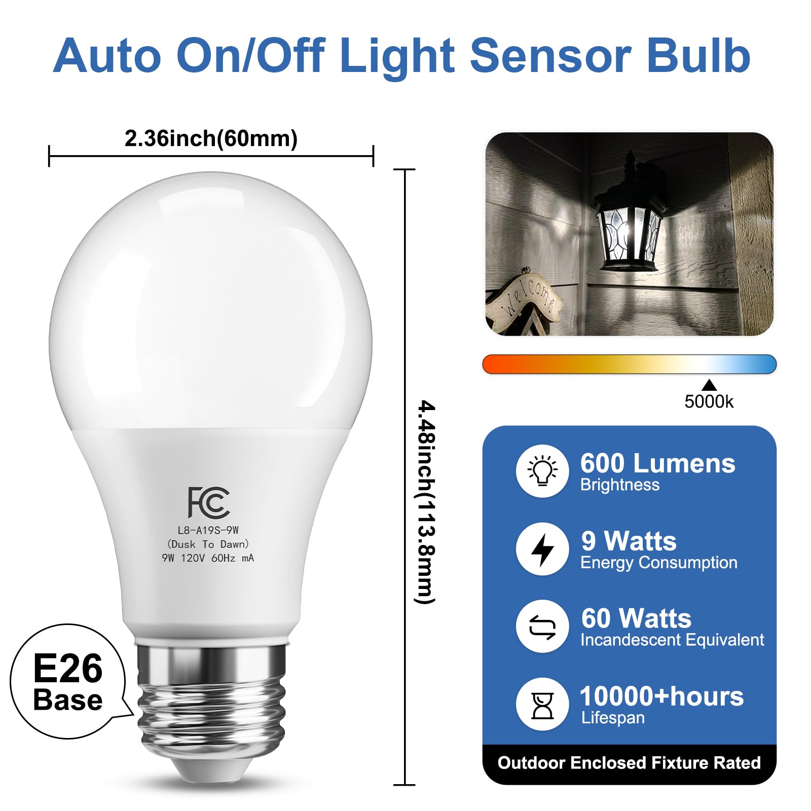 TJOY Dusk to Dawn LED Light Bulbs, 9W 5000K Daylight, E26 Base, 4 Pack, Energy Efficient Automatic On/Off Photocell for Outdoor Use