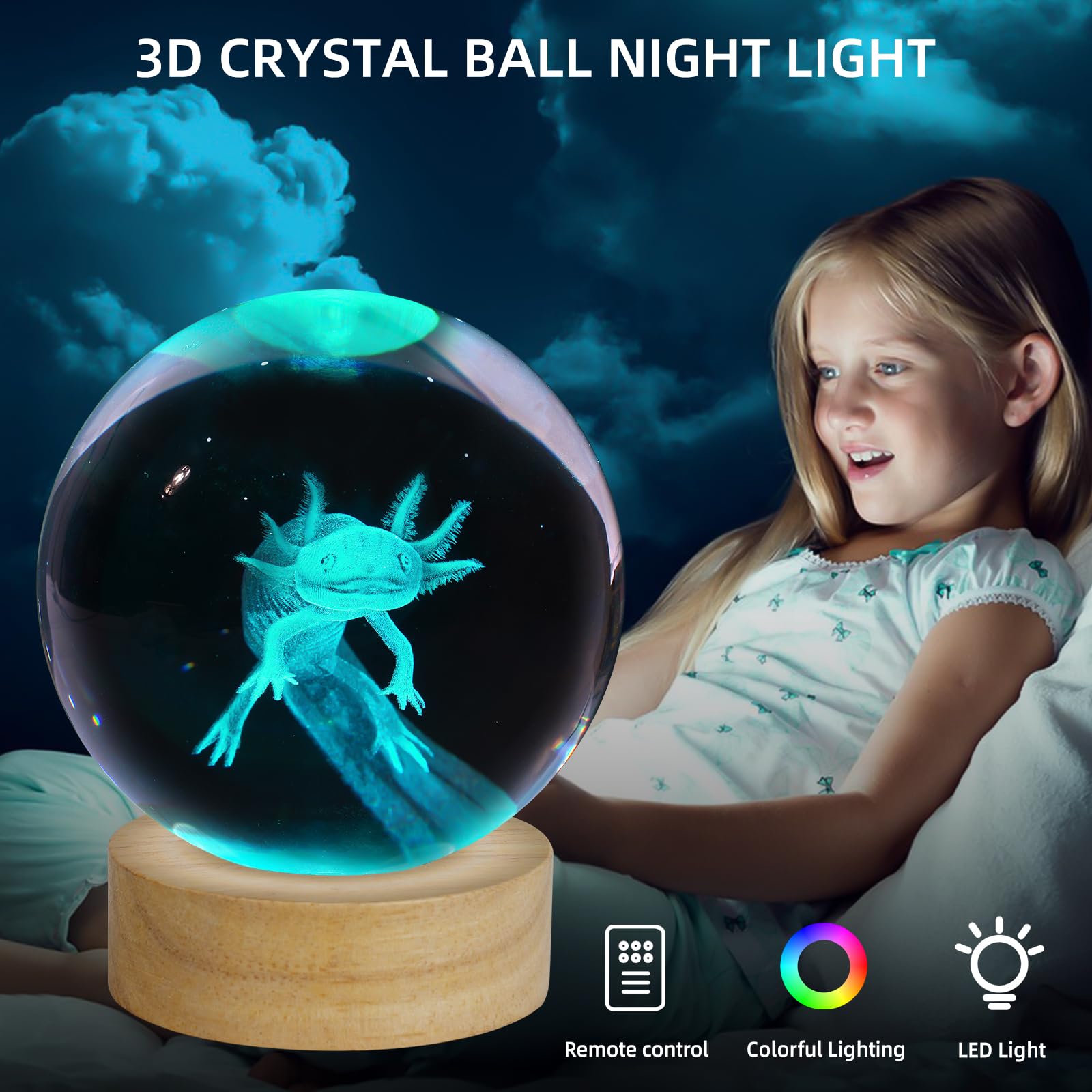 ZXBLAQ 3D Axolotl Crystal Ball Night Light, Glass, 3.15 Inch, 16 Color LED, Wooden Base, Axolotl-1