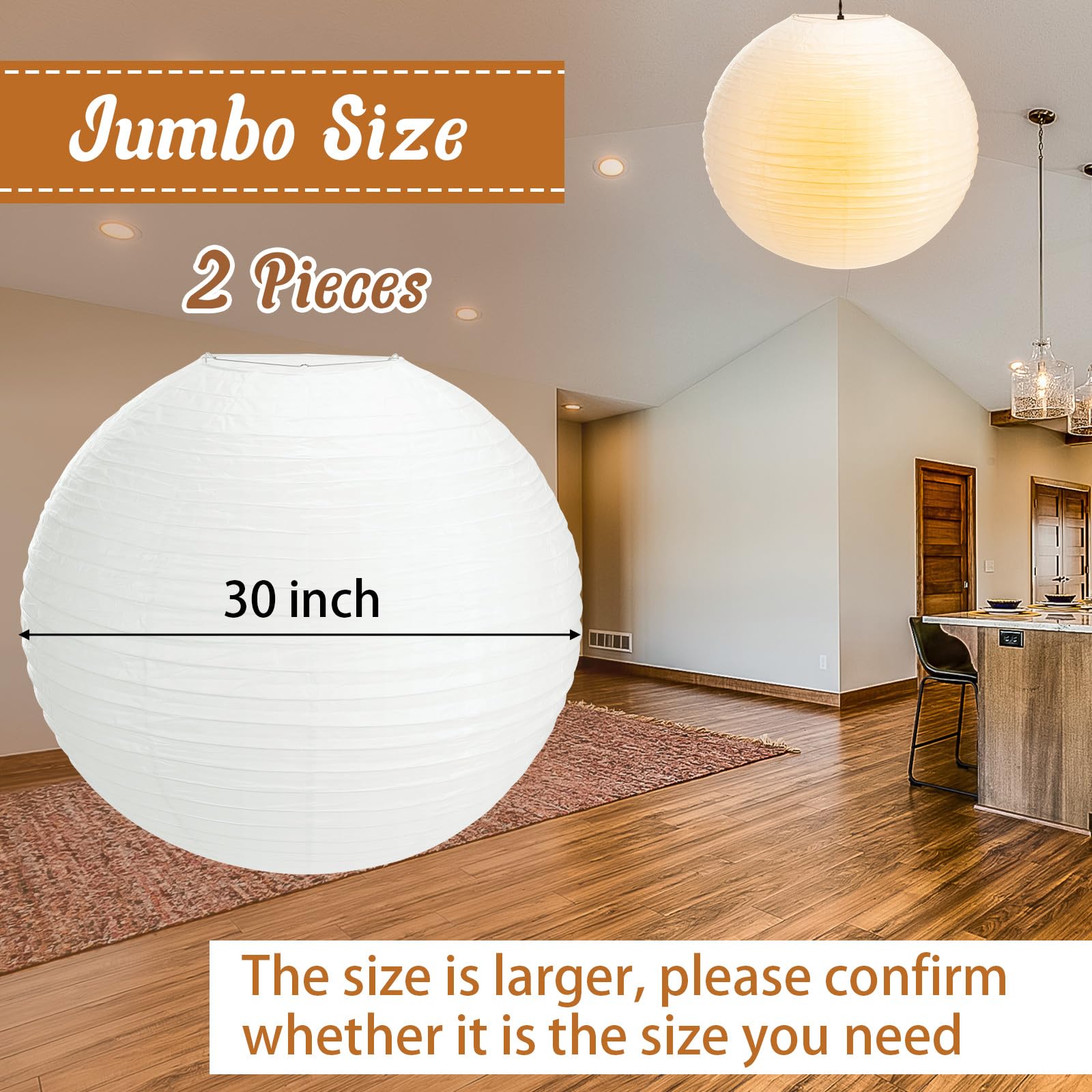 Lanties 30in Jumbo Round White Paper Lanterns - 2 Pcs Hanging Ball Luminary for Wedding, Bridal Shower, Birthday Decoration