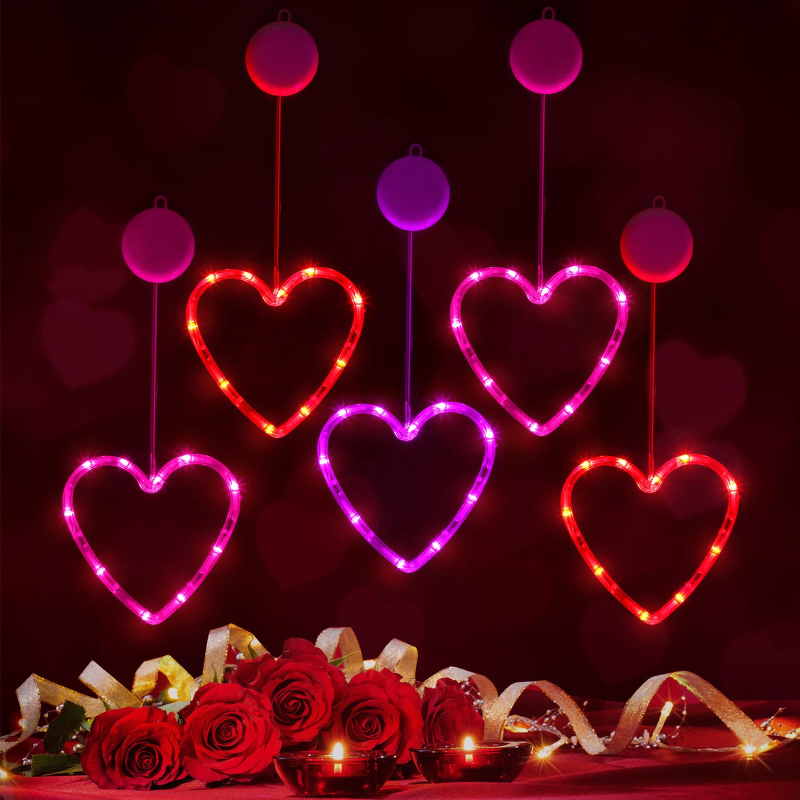Baquler 5 Pcs Heart LED Lights for Valentines Day, Battery Operated, Suction Cup, Red/Pink/Purple, Heart Size