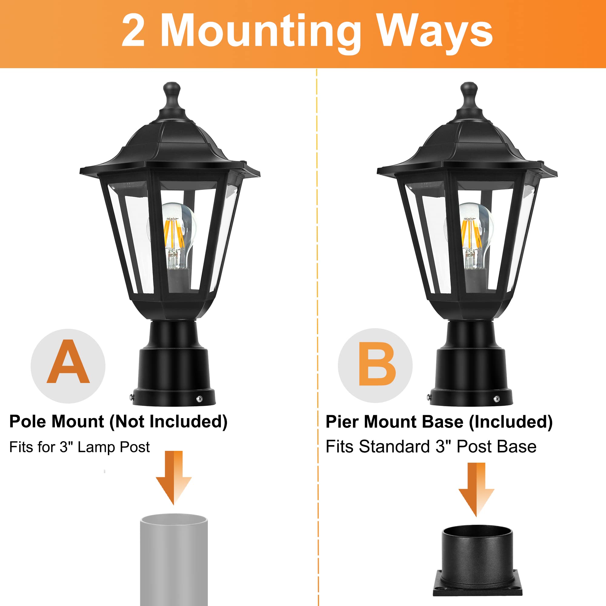 FUDESY Outdoor Post Light Fixture - Waterproof Black Plastic Lantern, E26 Socket, Model FDS6163B1, LED Bulb Included