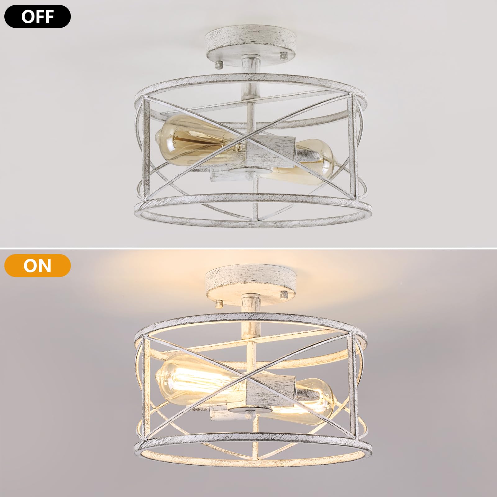 WELTRANS 2-Light Metal Cage Flush Mount Ceiling Light Fixture, White, Model JH6793-2PW, Ideal for Hallway, Bedroom, Kitchen, Living Room