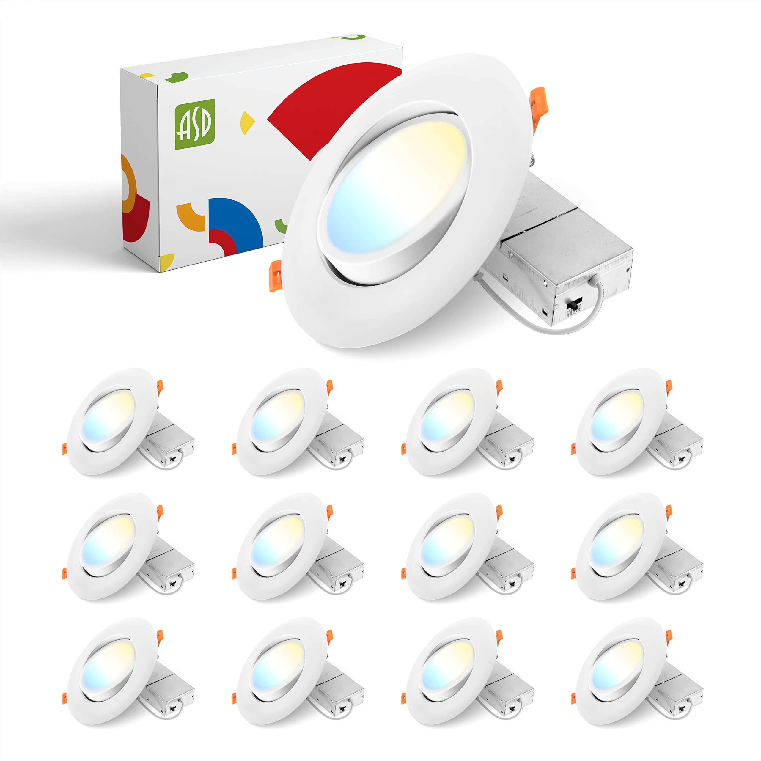 ASD 6 Inch Gimbal LED Recessed Light with Junction Box, 15W 1232Lm 2700K/3000K/3500K/4000K/5000K Adjustable Directional Lighting