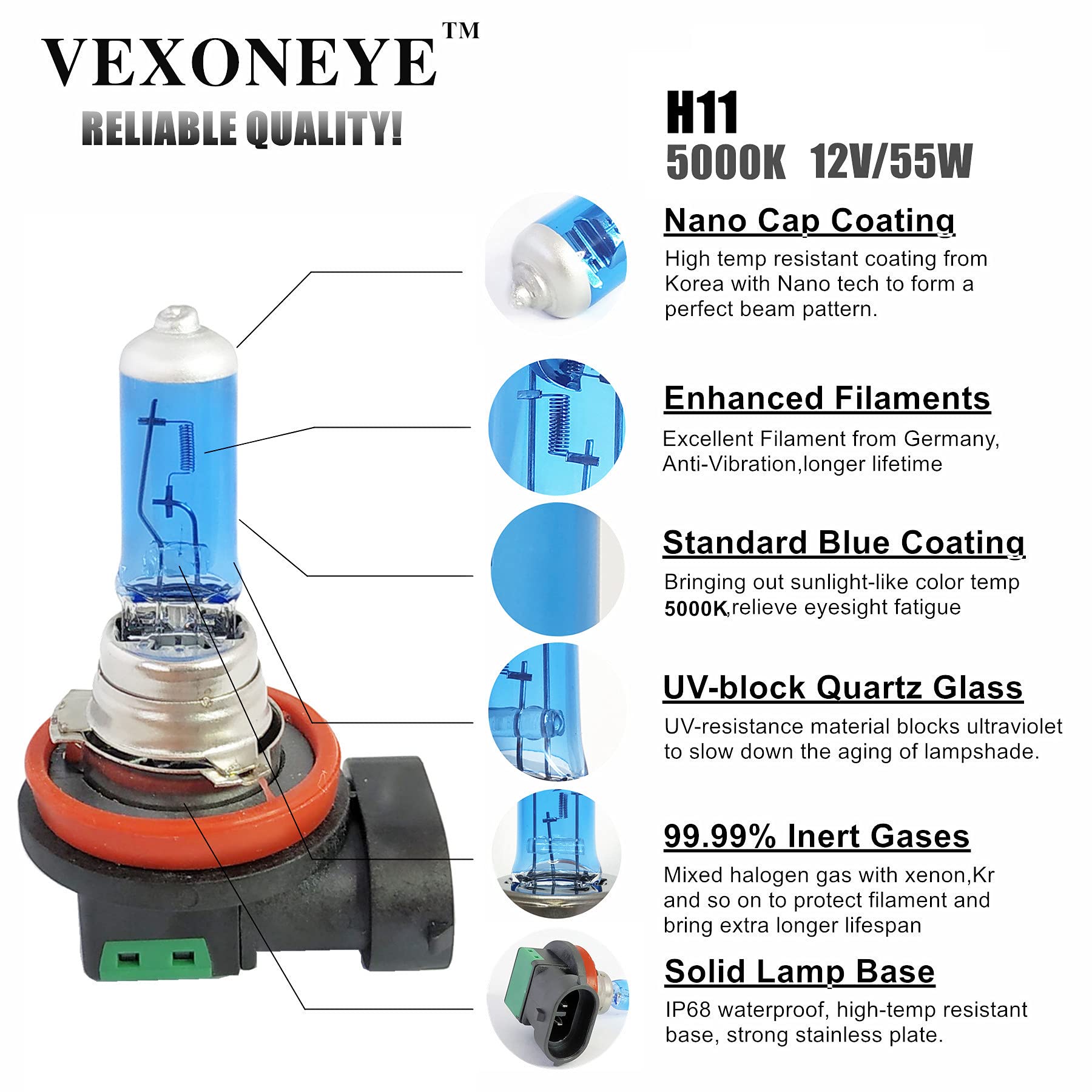 Vexoneye H11 Halogen Headlight Bulb/Fog Light 12V 55W White 5000K 64211 12362 Light Headlamp Super Bright