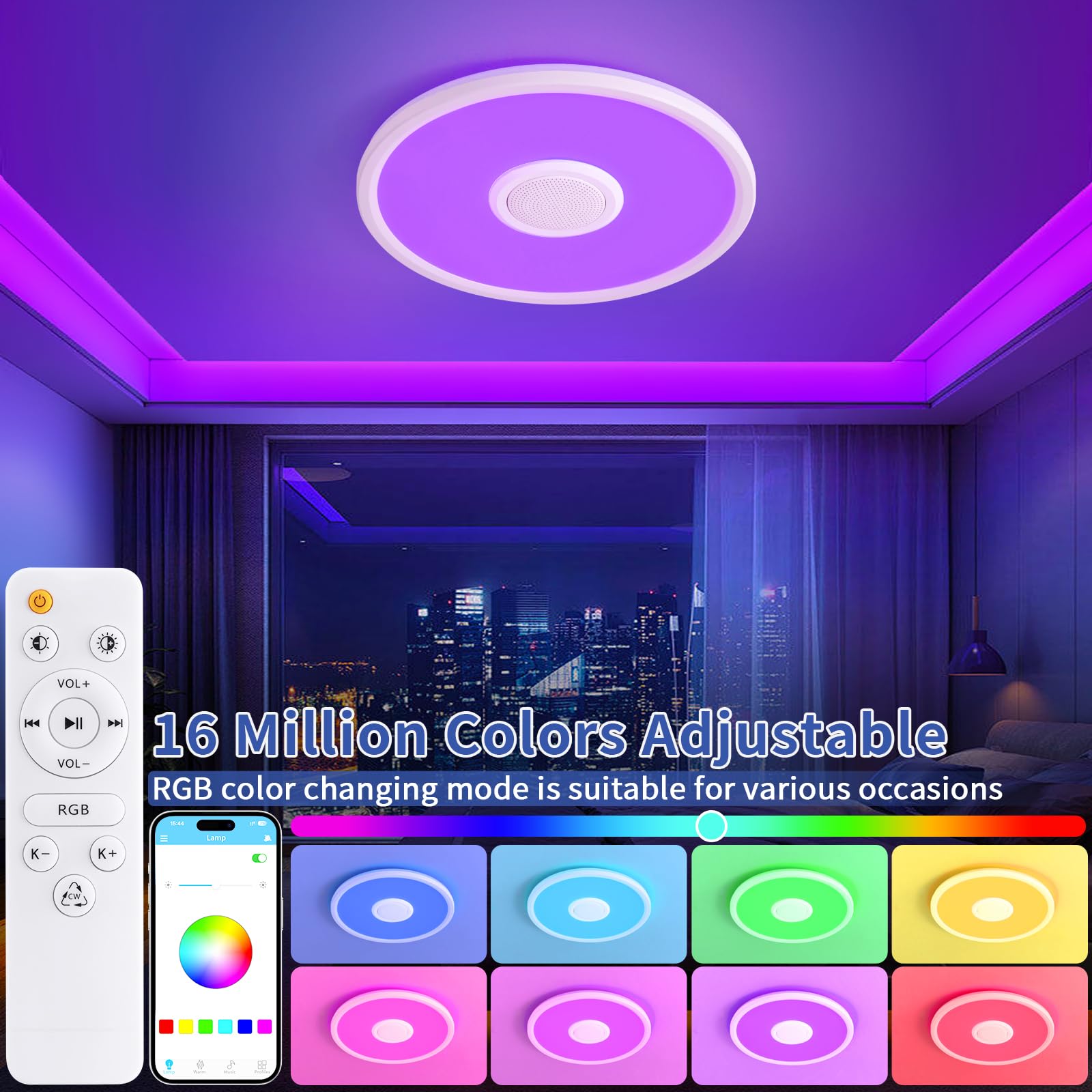 Uprizep Rgb Led Ceiling Light, With Bluetooth Speaker, 24W 12Inch Smart Music Ceiling Lamp With App And Remote Control, 3000K-65