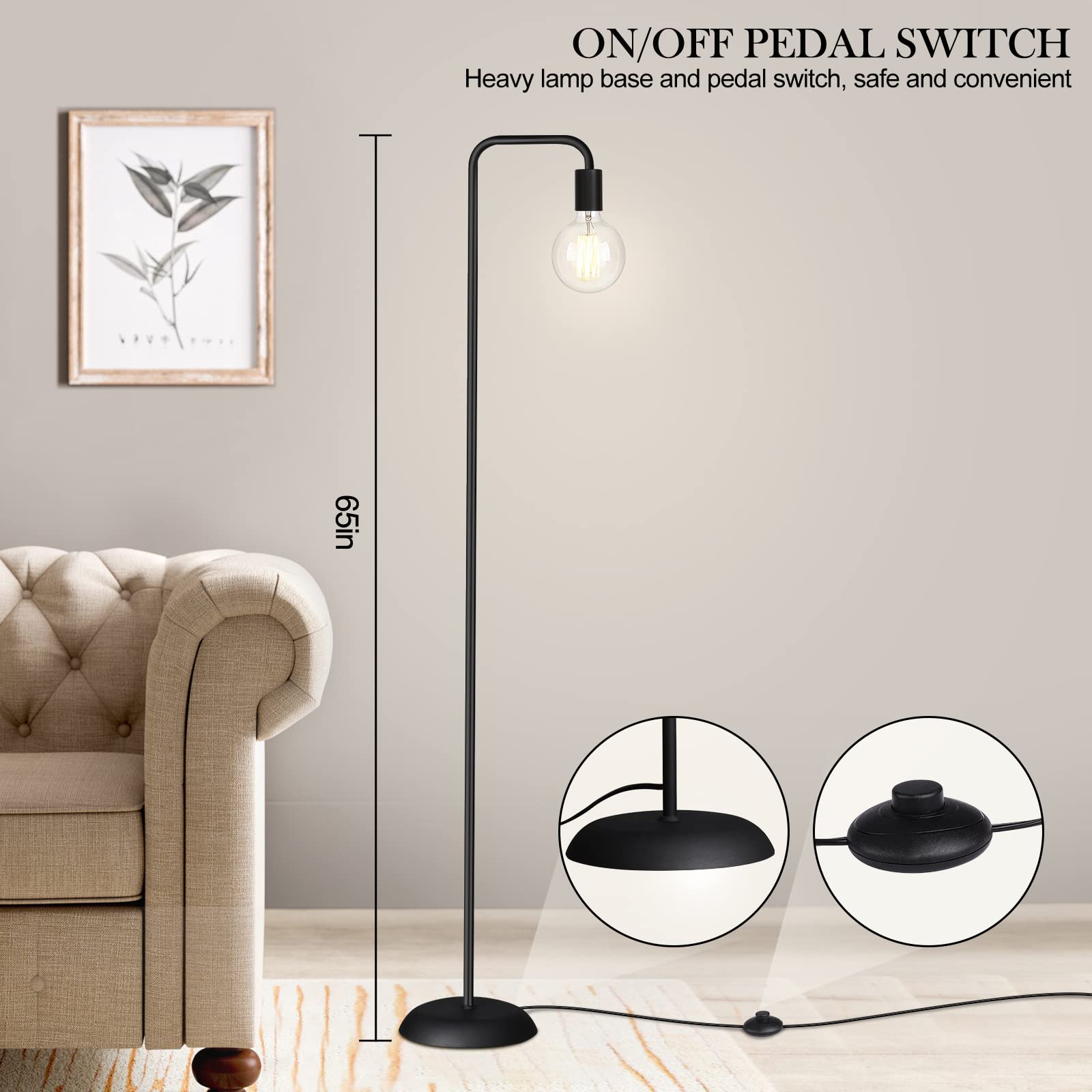 QiMH Industrial Floor Lamp, Metal Tall Standing Lamp, Modern Design, Black Color