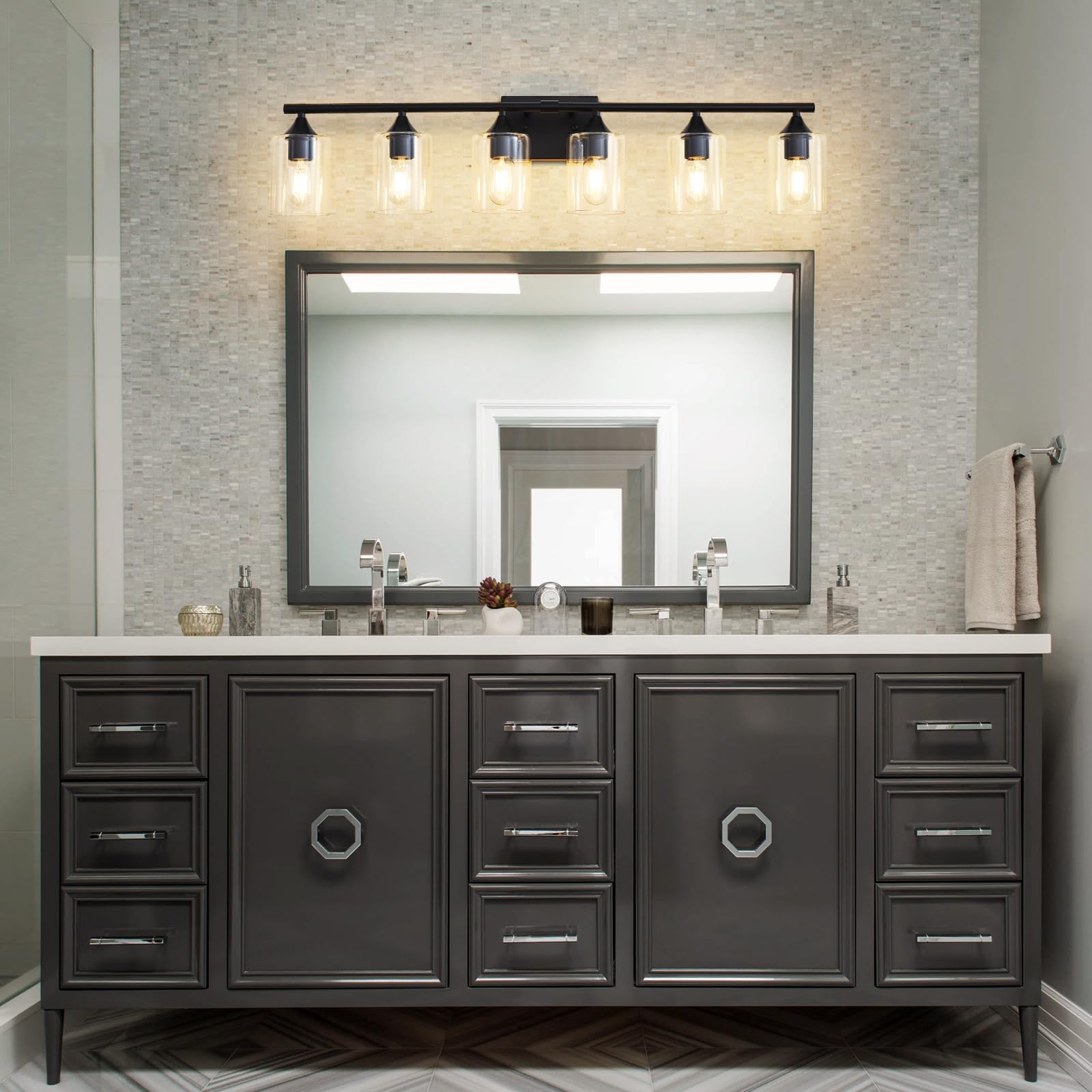 Xpehk Bathroom Vanity Light Fixtures,6-Light Matte Black Bathroom Light,Bathroom Lighting Fixtures Over Mirror With Clear Glass