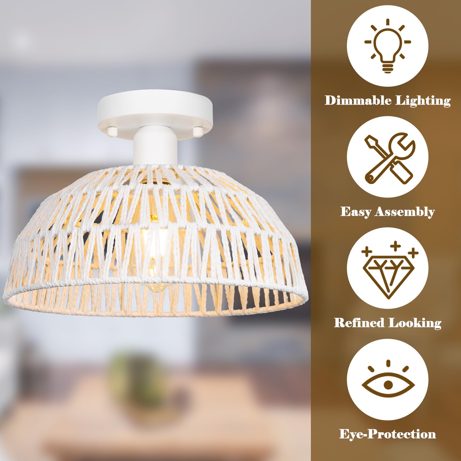 Rattan Ceiling Light Fixtures 2 Packs-White Rustic Woven Basket Flush Mount Ceiling Light, Handmade Wicker Ceiling Lamp, Rattan