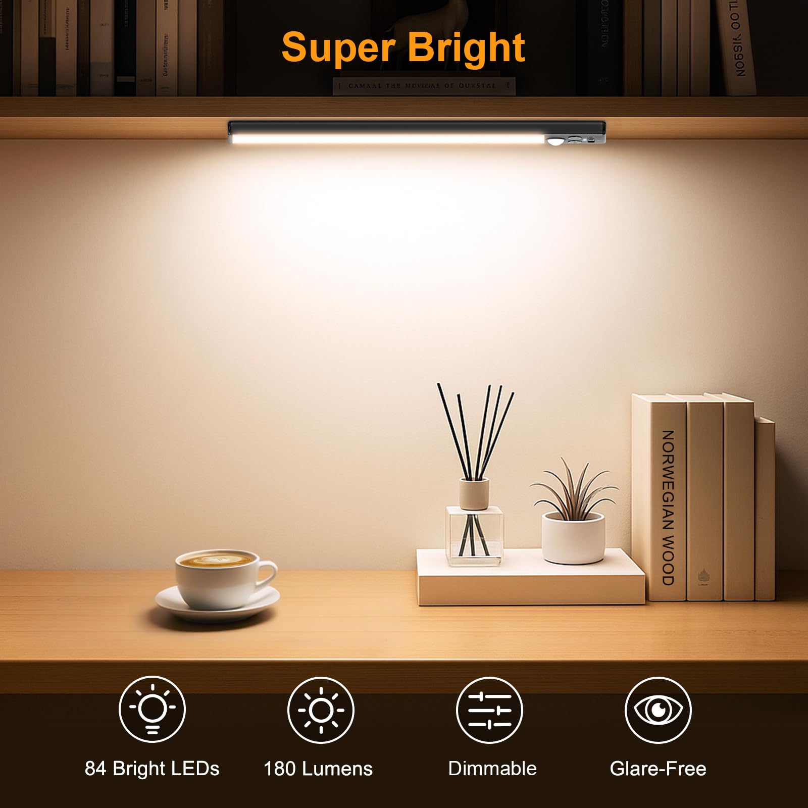Gritin 10.2" Under Cabinet Lighting - Rechargeable, 84 LED, 3-Color, Motion Sensor, Magnetic Installation, Black, Model G1358, 2 Pack