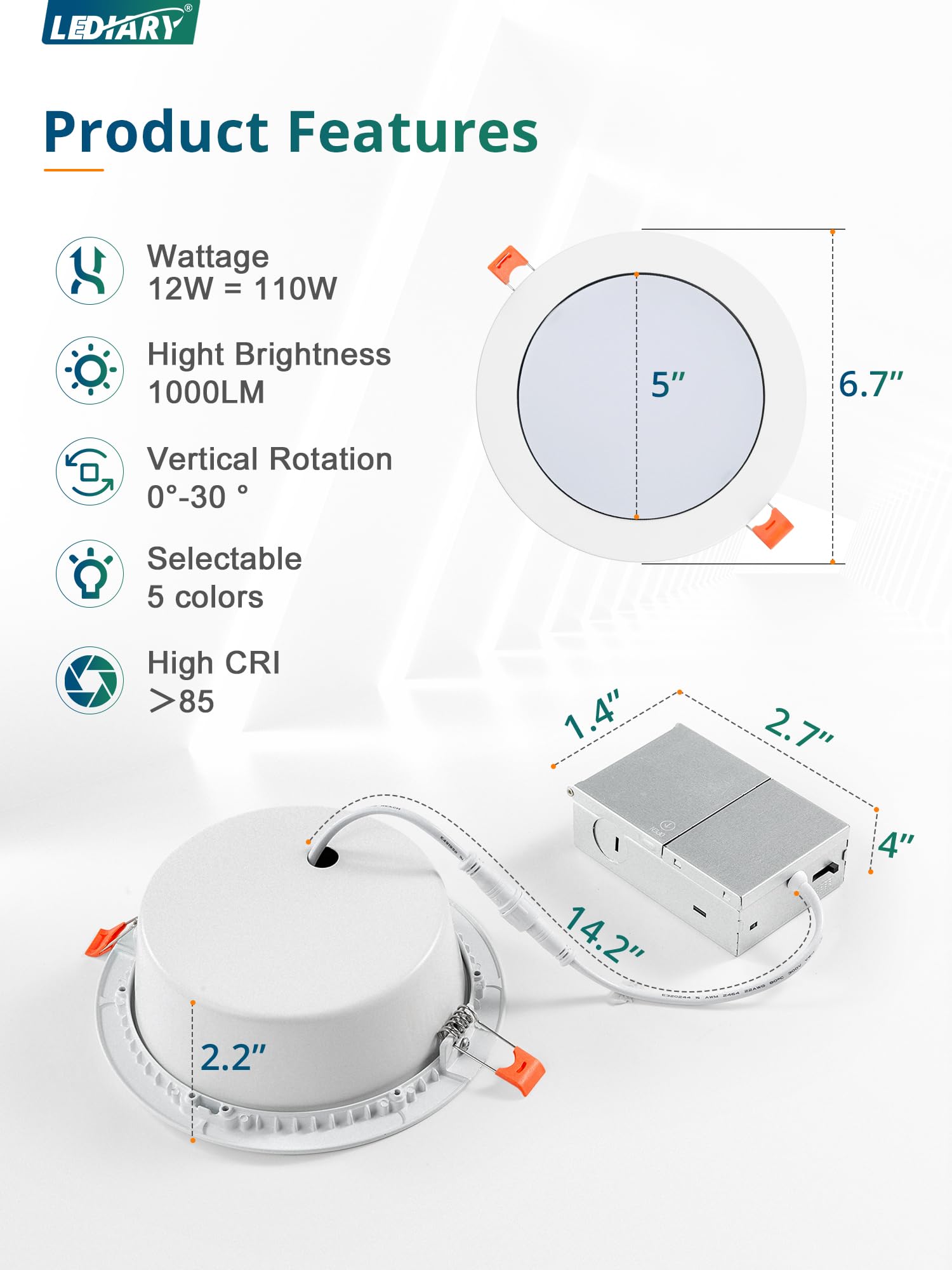 LEDIARY 12 Pack Gimbal LED Recessed Lighting, 6 Inch, 5CCT 2700K-6000K, Air Tight, Slim Canless Downlight, White
