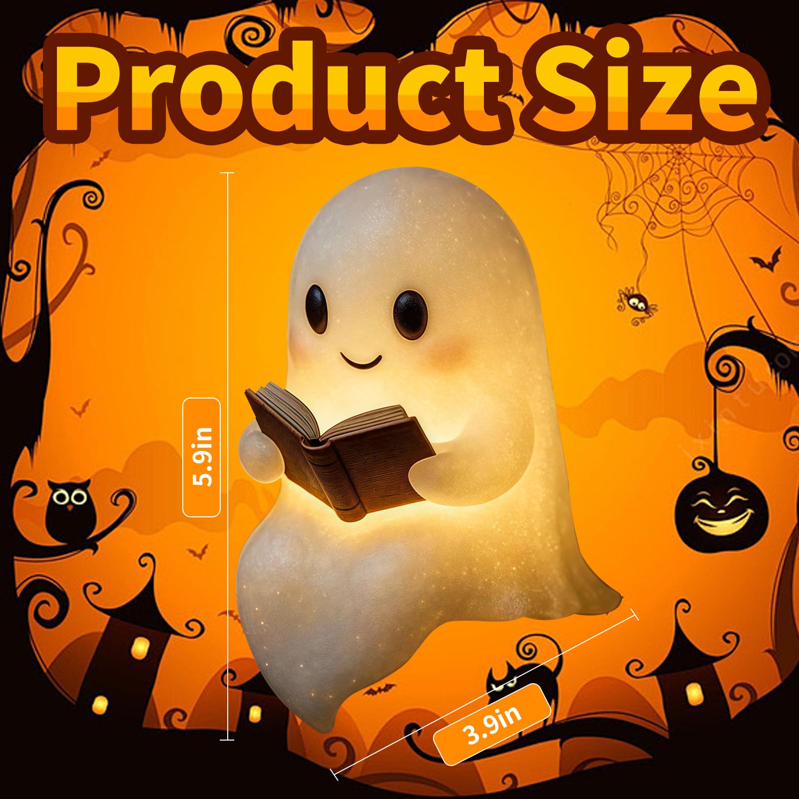 Qetrabone Halloween Ghost Reading Book Lamp  Funny Ghost Figurine Statue  Halloween Decoration For Gift Props Tabletop Bookshelf Home Decor