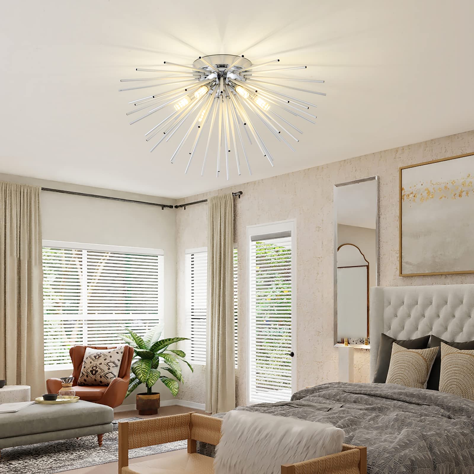 Sputnik Flush Mount Ceiling Light Fixture, 6-Light Chrome Firework Ceiling Lights, 19.6'' Modern Chandeliers Close To Ceiling La