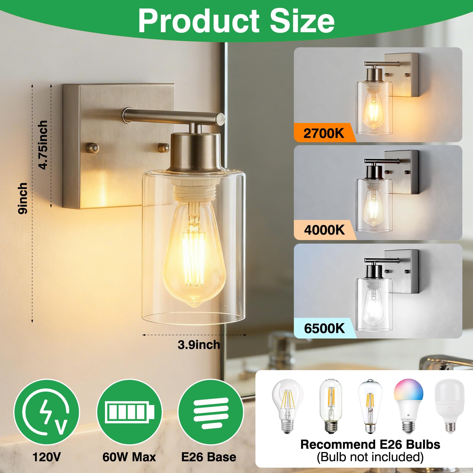 2-Pack Bathroom Wall Sconces  Brushed Nickel Vanity Lights  Modern Wall Light Fixture With Clear Glass Shade  Farmhouse Wall-Mount Lighting Lanterns  Wall Lamps For Mirror Living Room Bedroom Kitchen