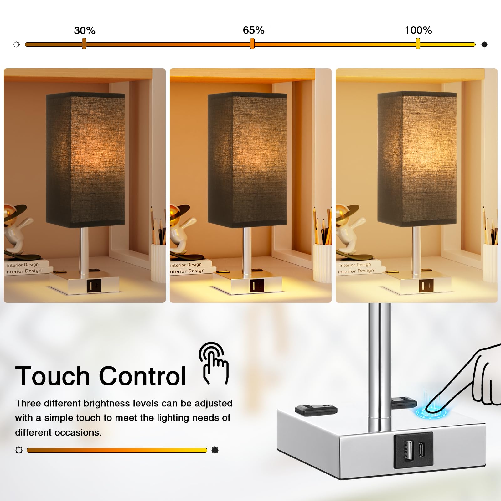 aooshine Touch Bedside Table Lamp - 3-Way Dimmable, USB A & Type C Ports, 14in, Black & Silver, E26 LED Bulb, Model 3