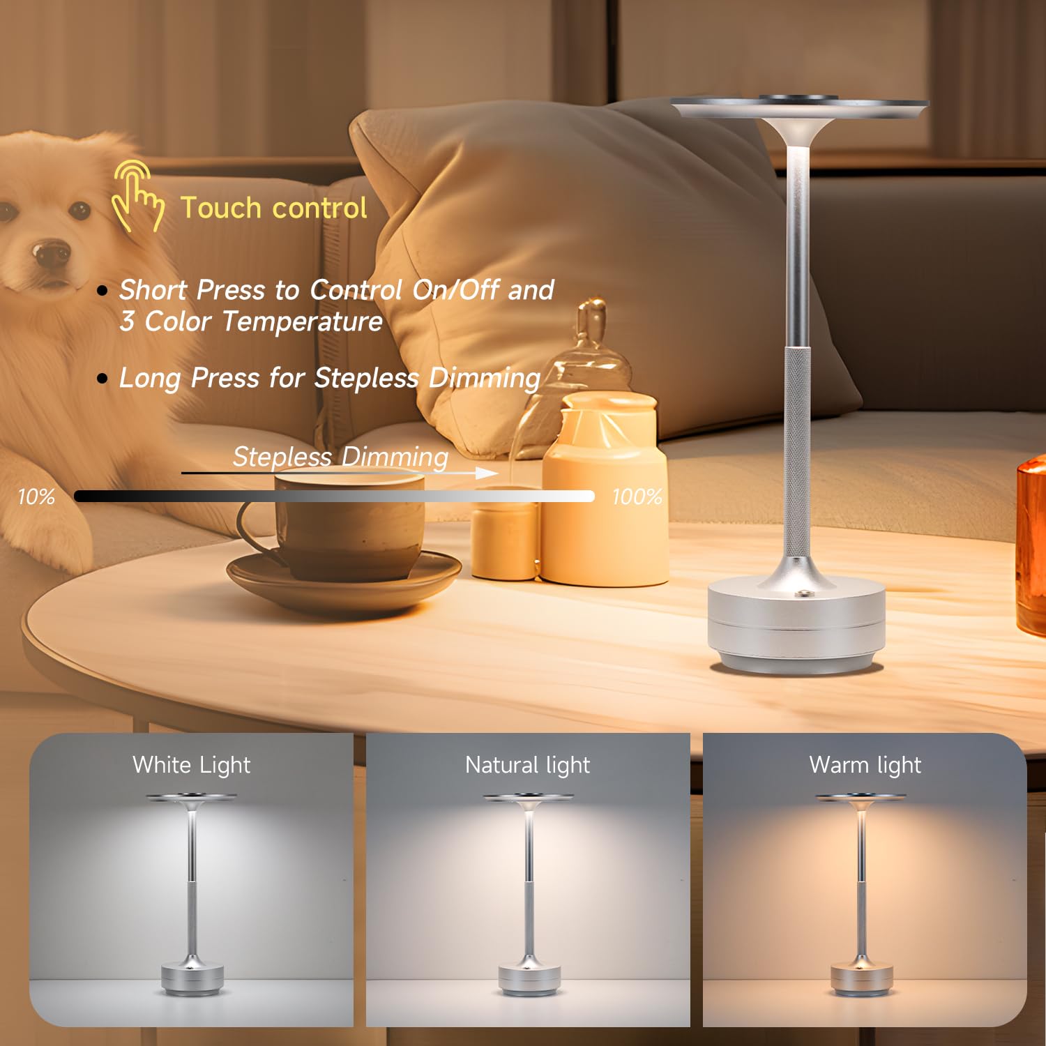 KROPTIB Cordless Table Lamp LED Rechargeable 3 Color Dimming 5000mAh Waterproof Silver Model ttl-fd-si-1