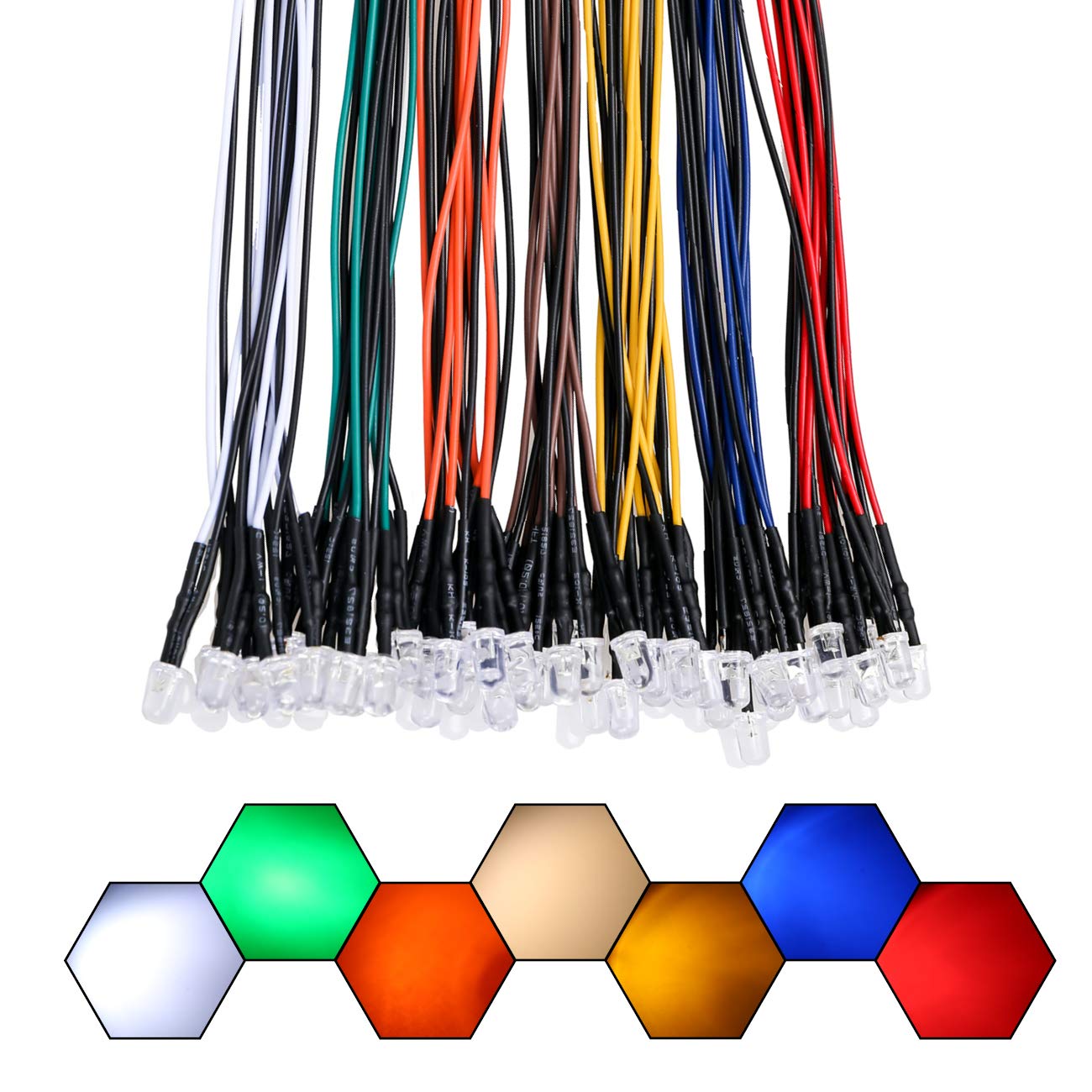 EDGELEC 12V LED Lights Assorted Kit, 56pcs (7 Colors x 8pcs), 5mm Clear Lens, Model PW-DIP LED, Ideal for Crafting and DIY