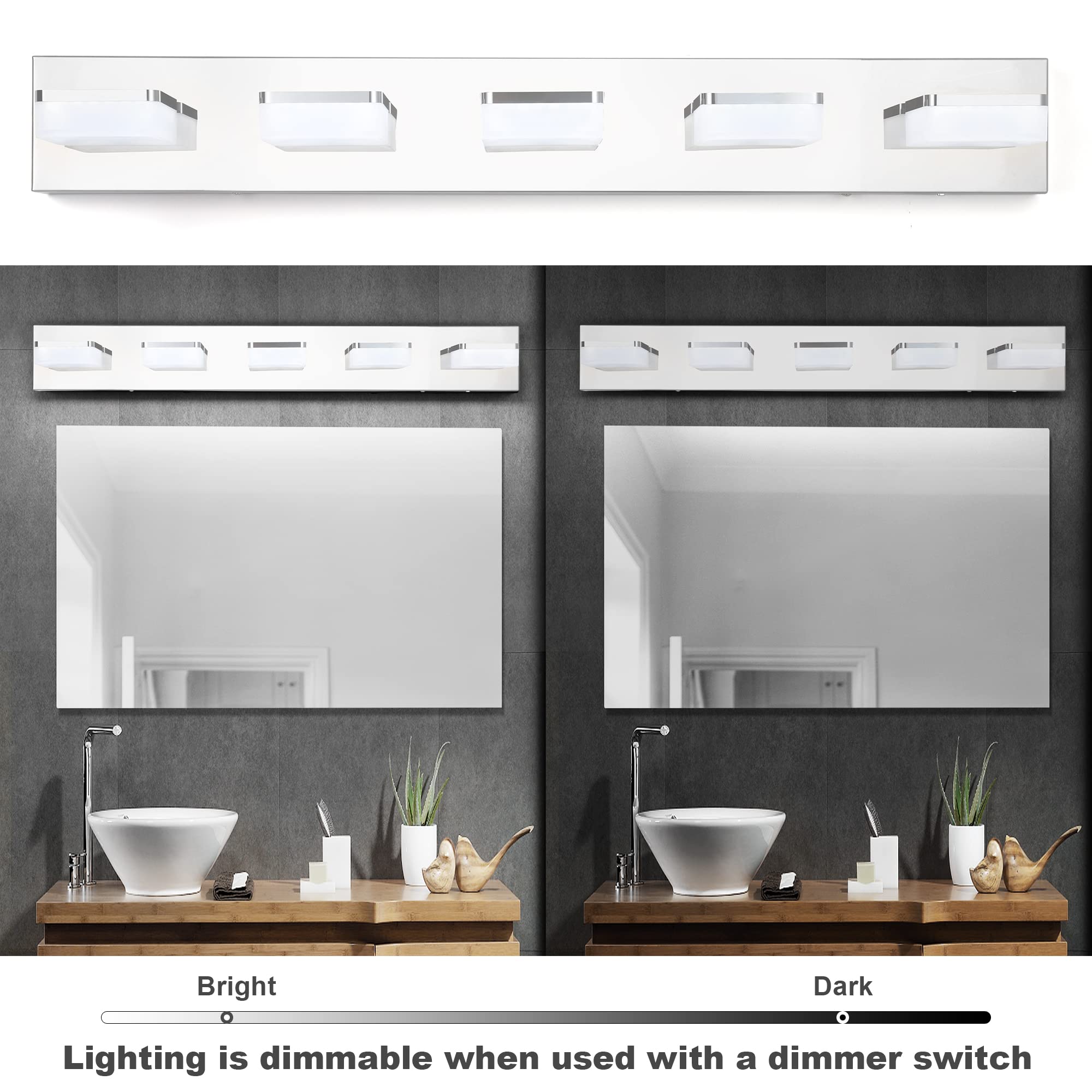 Goodate Chrome Dimmable Led Bathroom Vanity Light 5 Lights, Adjustable 3000K/4000K/6000K