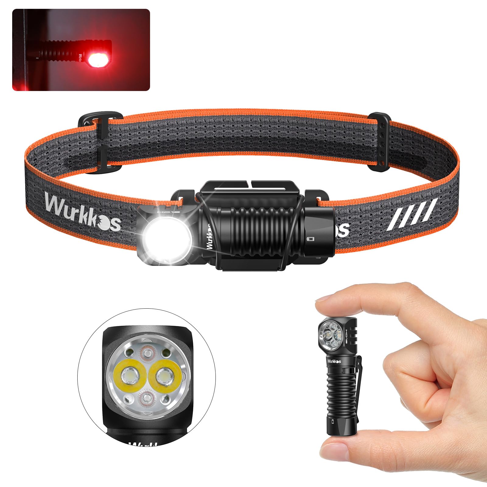 Wurkkos Headlamp,Hd12 850Lm Rechargeable Headlamp,Head Lamps Led Rechargeable,Mini Aa Head Lights,Camping Headlamps With Red Lig